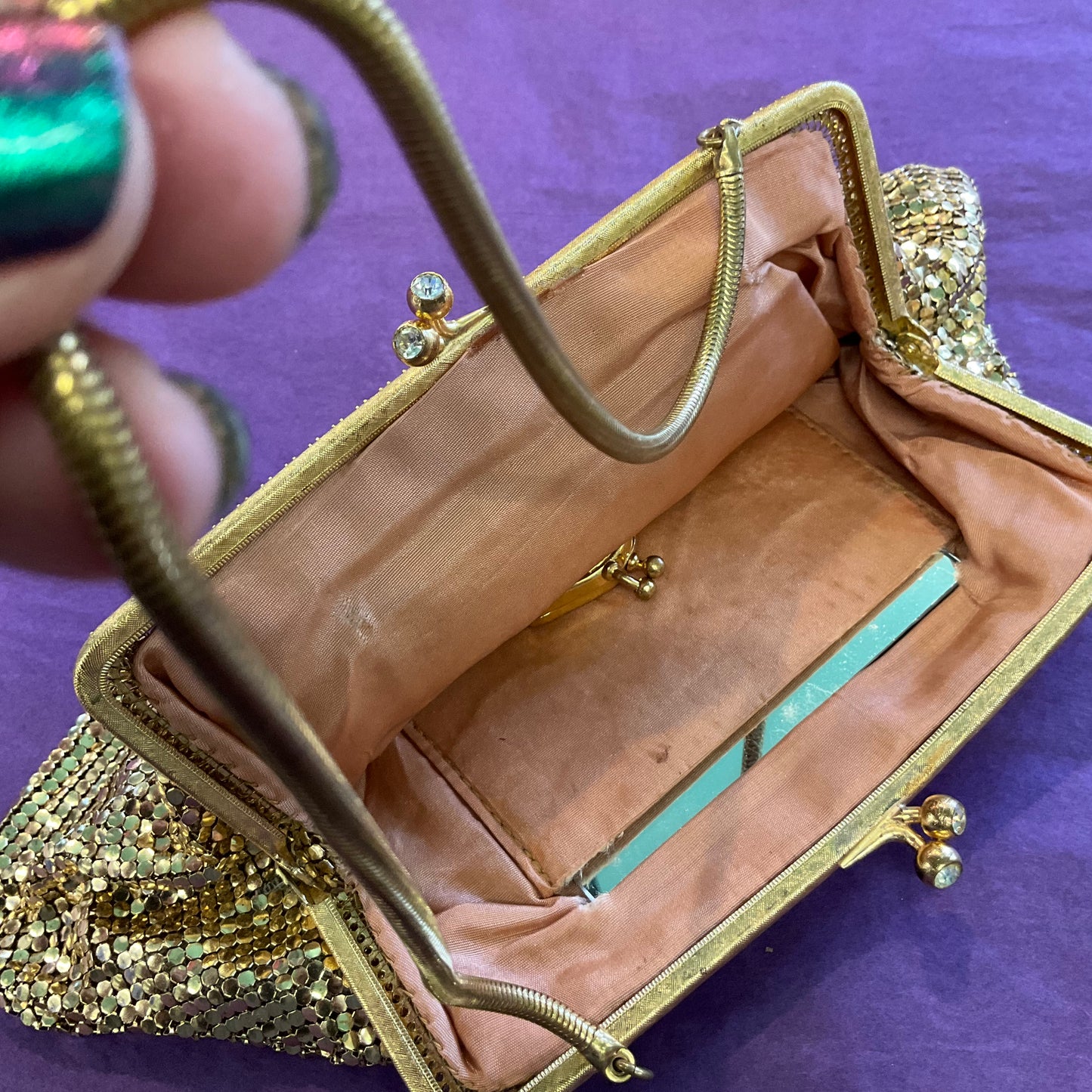 Vintage 1940/50s Gold (chain mail) evening bag with matching coin purse, rhinestone clasp, wedding, prom, gift for her