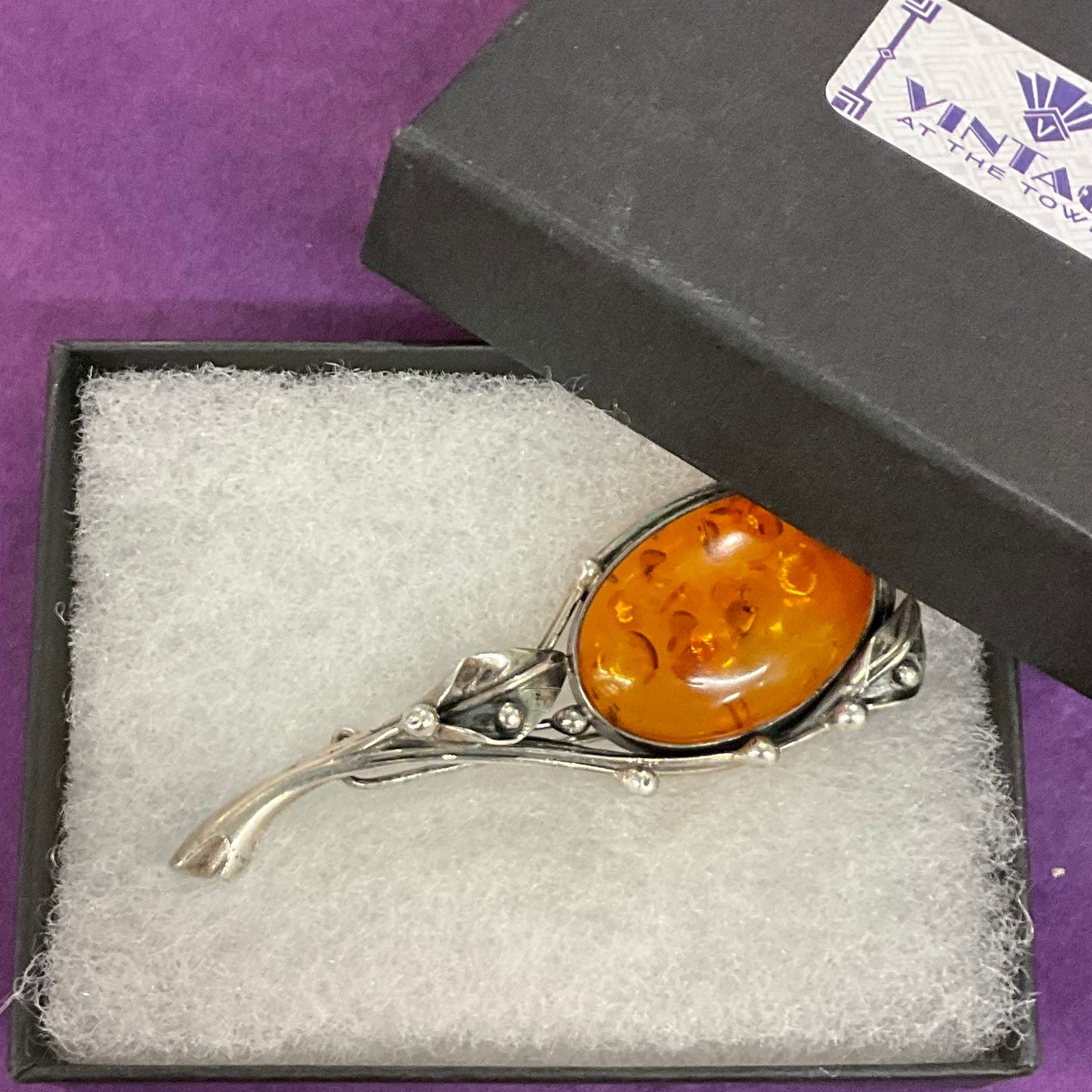 Vintage Art nouveau Artisan made Silver and Amber large Brooch, crystal healing, birthday gift.