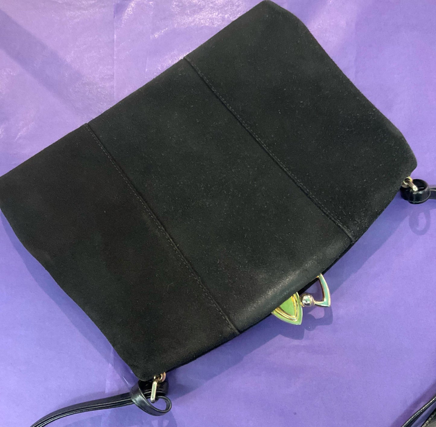 Vintage 1960s/70s Black suede large shoulder bag with decorative clasp.