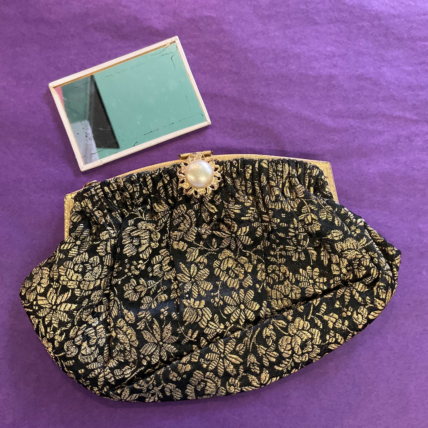 Vintage French 1930s/40s gold and black floral brocade evening bag, wedding, formal event.
