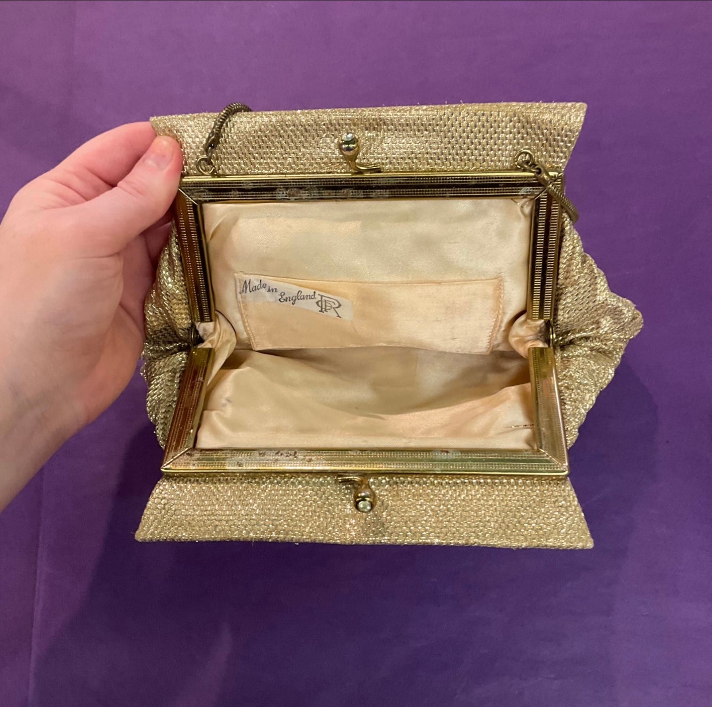 Vintage 1950s CFR Chevron Pleated Gold Metallic Lurex Cocktail Bag, Made in England, Wedding, Formal Event, Birthday.