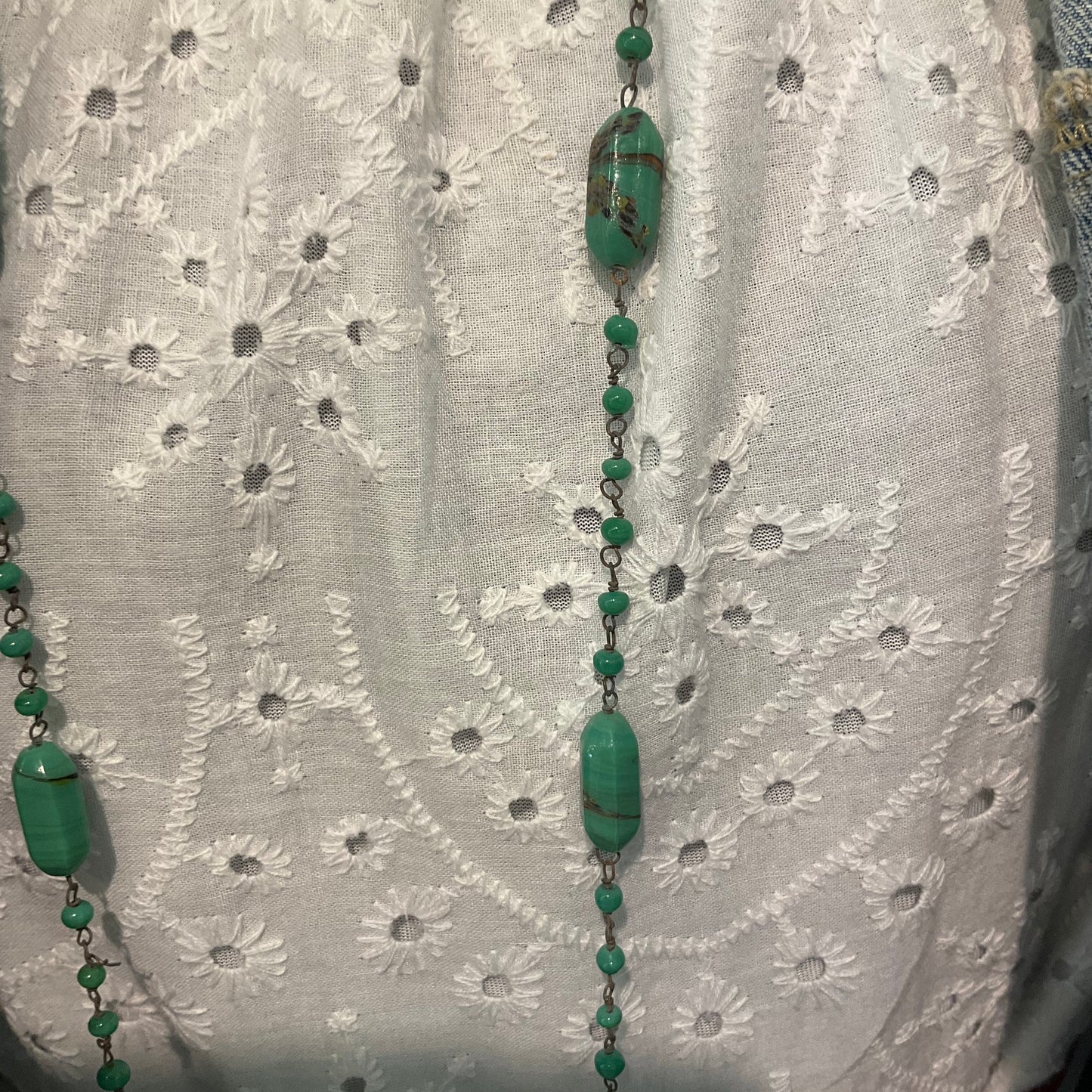 Antique Art Deco flapper length Green Venetian End of day beaded necklace. Flapper girl, great Gatsby. Birthday gift.