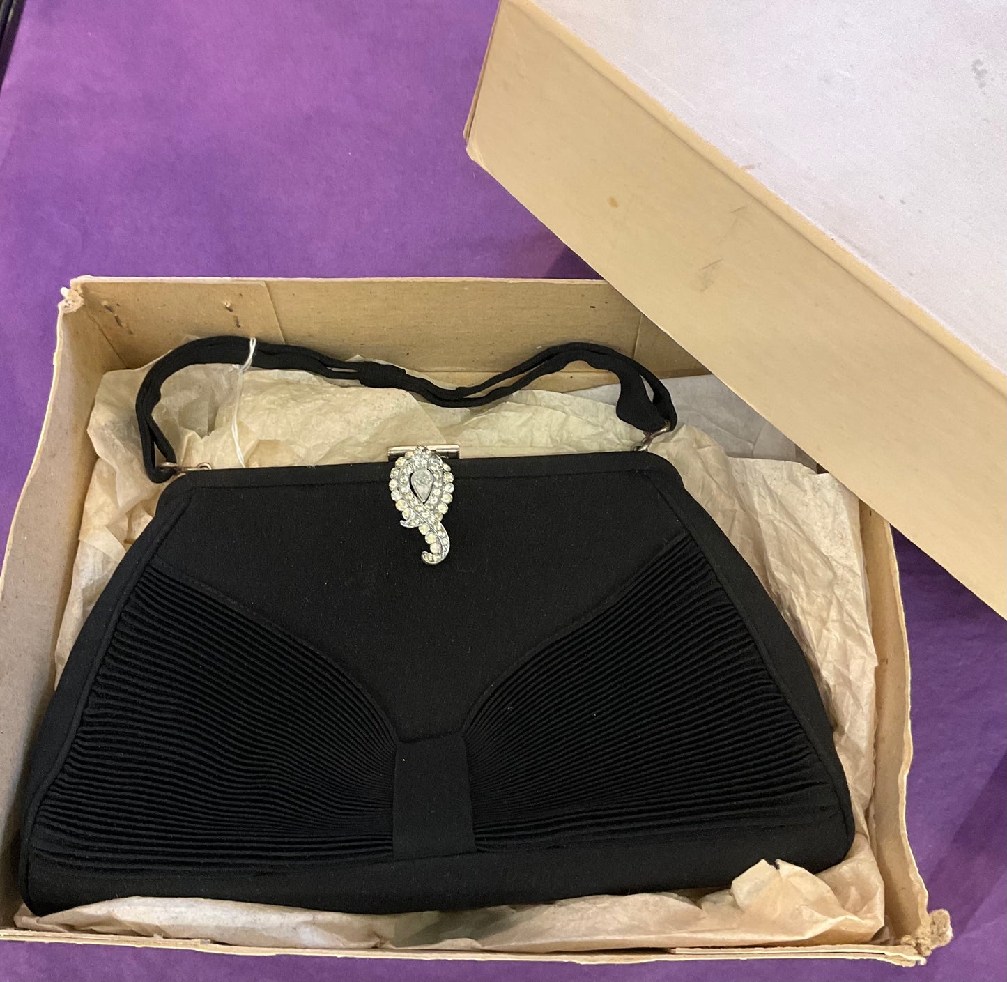 Antique original Art Deco Black Crepe CFR evening bag with rhinestone clasp, as new in original box