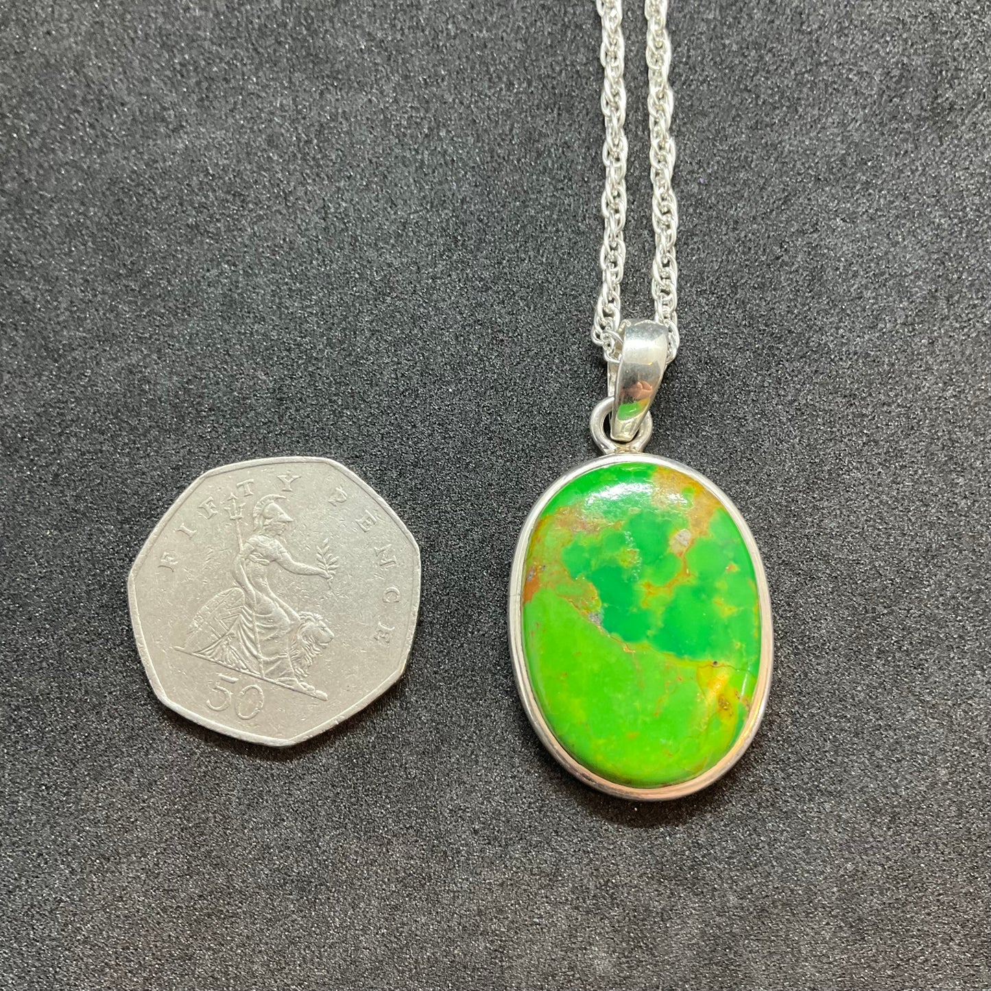 Vintage silver and green turquoise with copper oval pendant with silver plated chain, crystal healing, birthday gift.