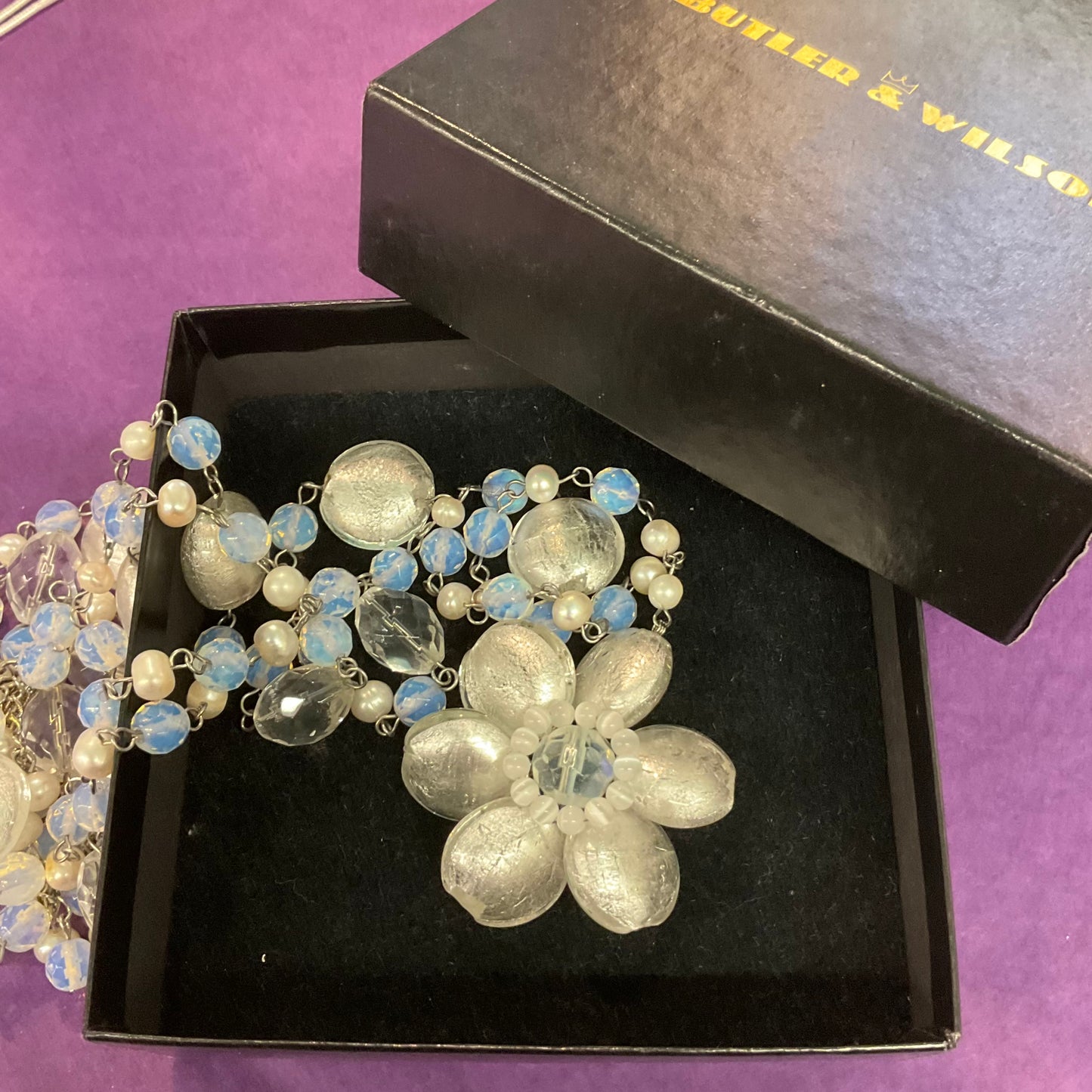 vintage Butler and Wilson Art deco style, faux pearl crystal and opalite glass floral open ended beads. wedding, formal event, signed, boxed