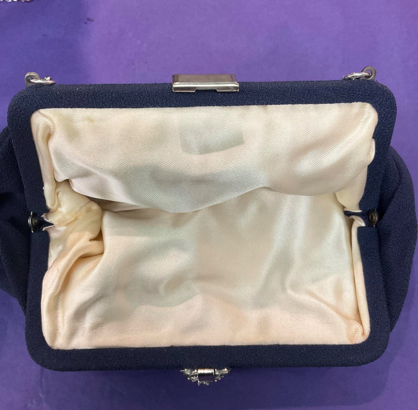 Vintage 1930s Art Deco Navy crepe evening bag with crystal clasp