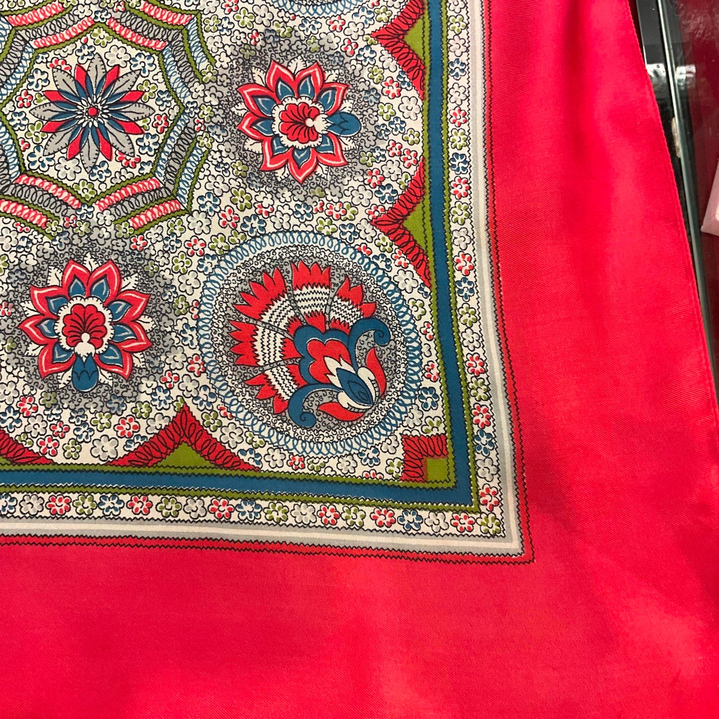 Vintage 1950s/60s pure silk geometric Paisley scarf, coral, blue, green and grey onto a pale cream background, made in England.
