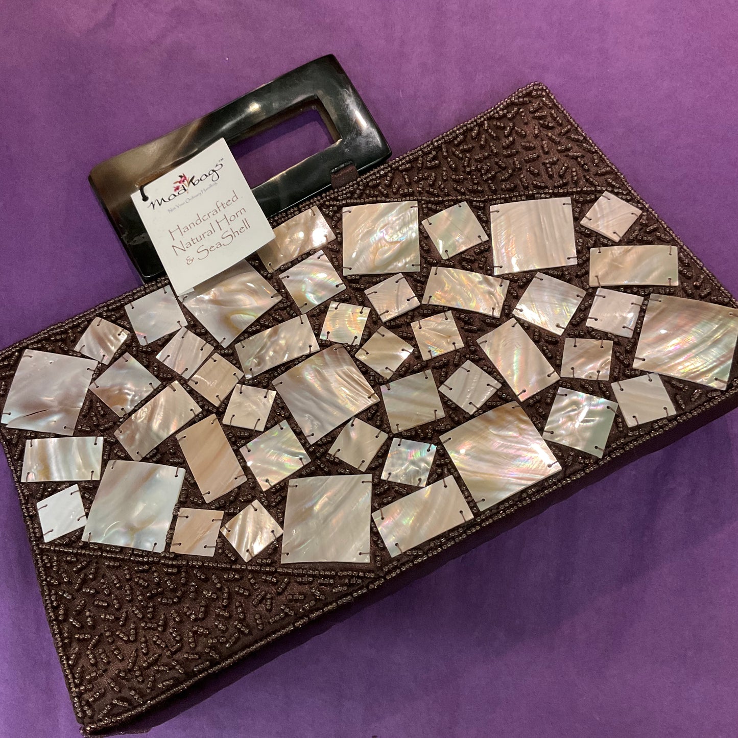 Vintage Unused Satin, Horn and Shell Brown Evening Bag By MAD BAG