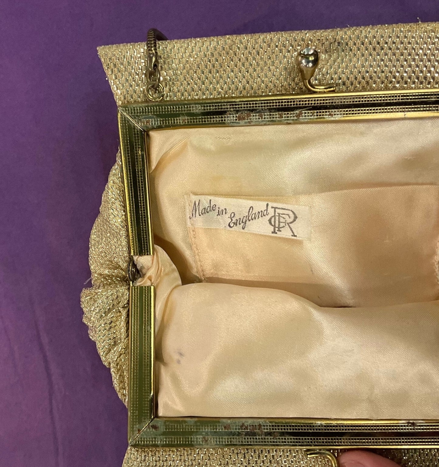 Vintage 1950s CFR Chevron Pleated Gold Metallic Lurex Cocktail Bag, Made in England, Wedding, Formal Event, Birthday.