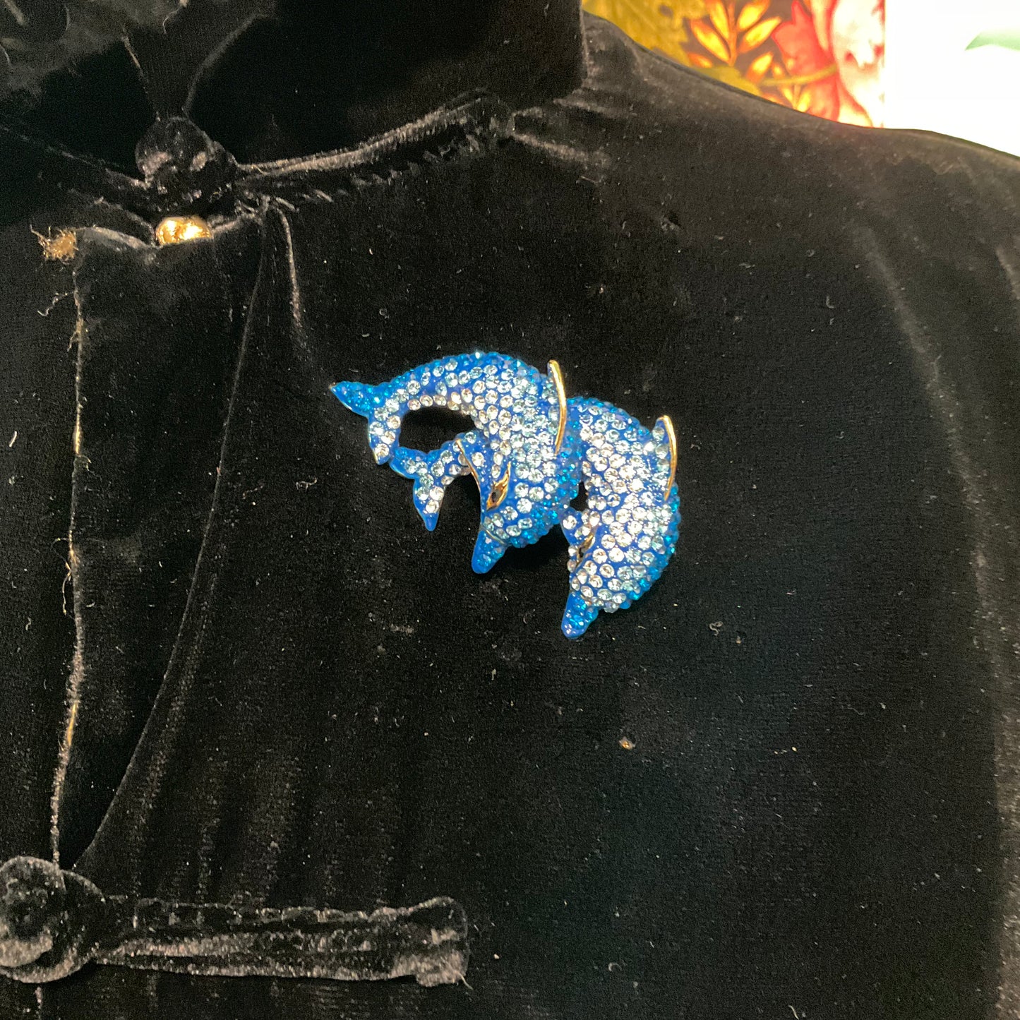 Vintage Butler and Wilson Blue Crystal Dolphin large brooch, Crystal rhinestone