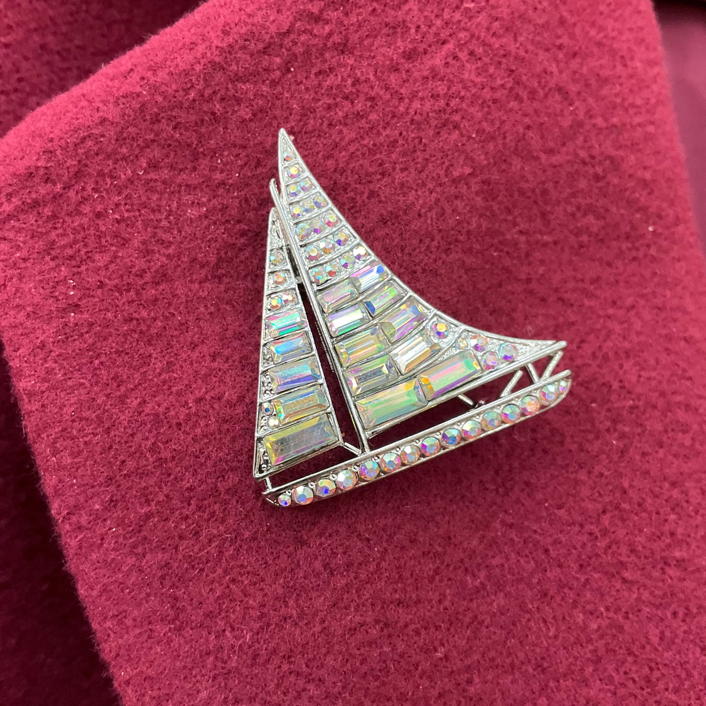 Vintage Butler & Wilson Sailing Boat Brooch AB Crystal Silver Tone