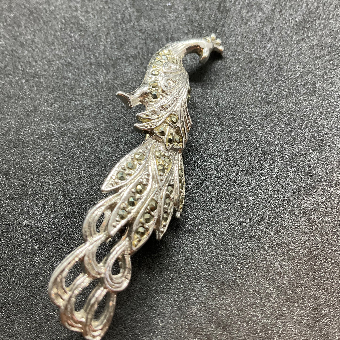 Vintage 1940/50s silver tone and Marcasite Stone Peacock Brooch