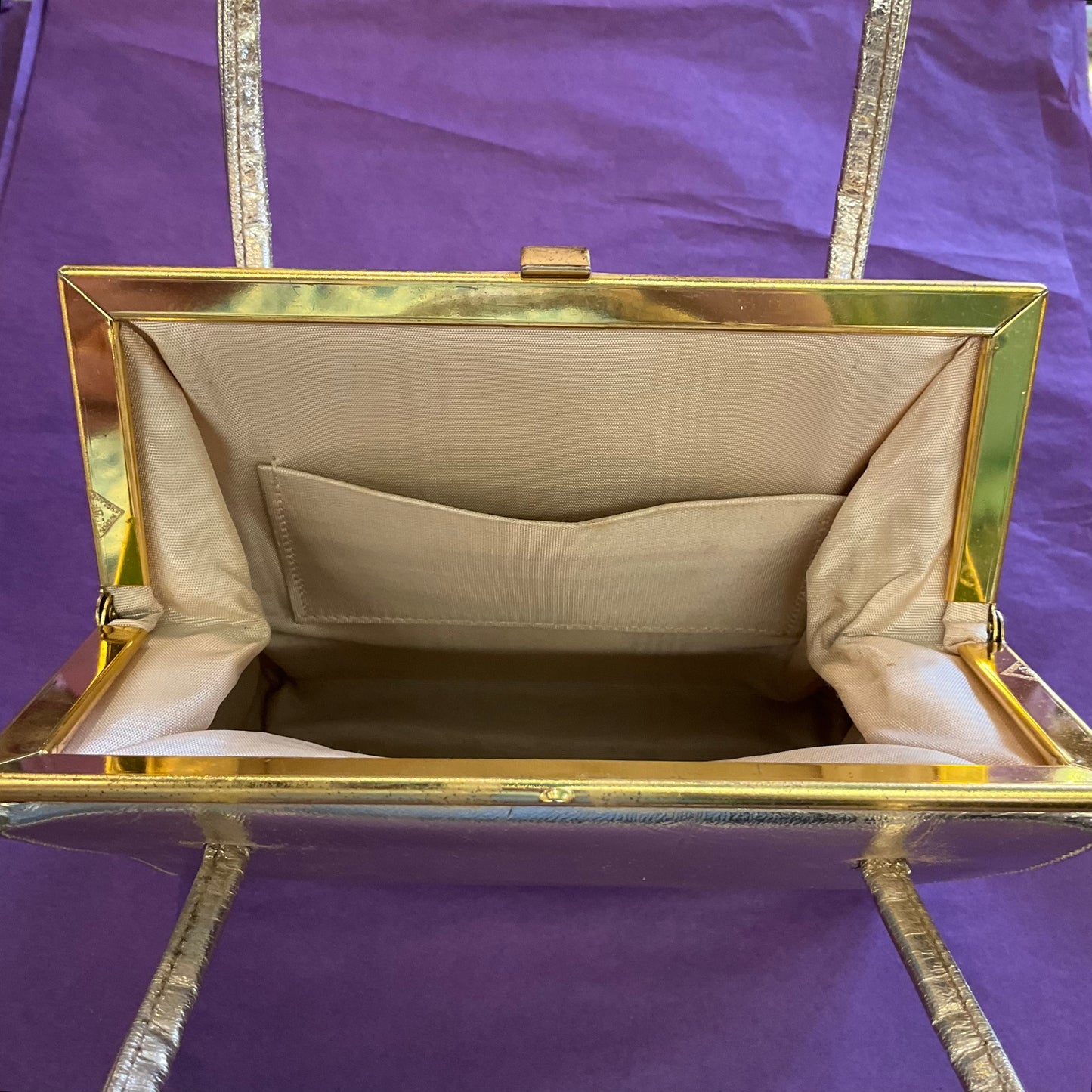 Vintage 1960s gold faux leather cocktail bag, wedding, prom.