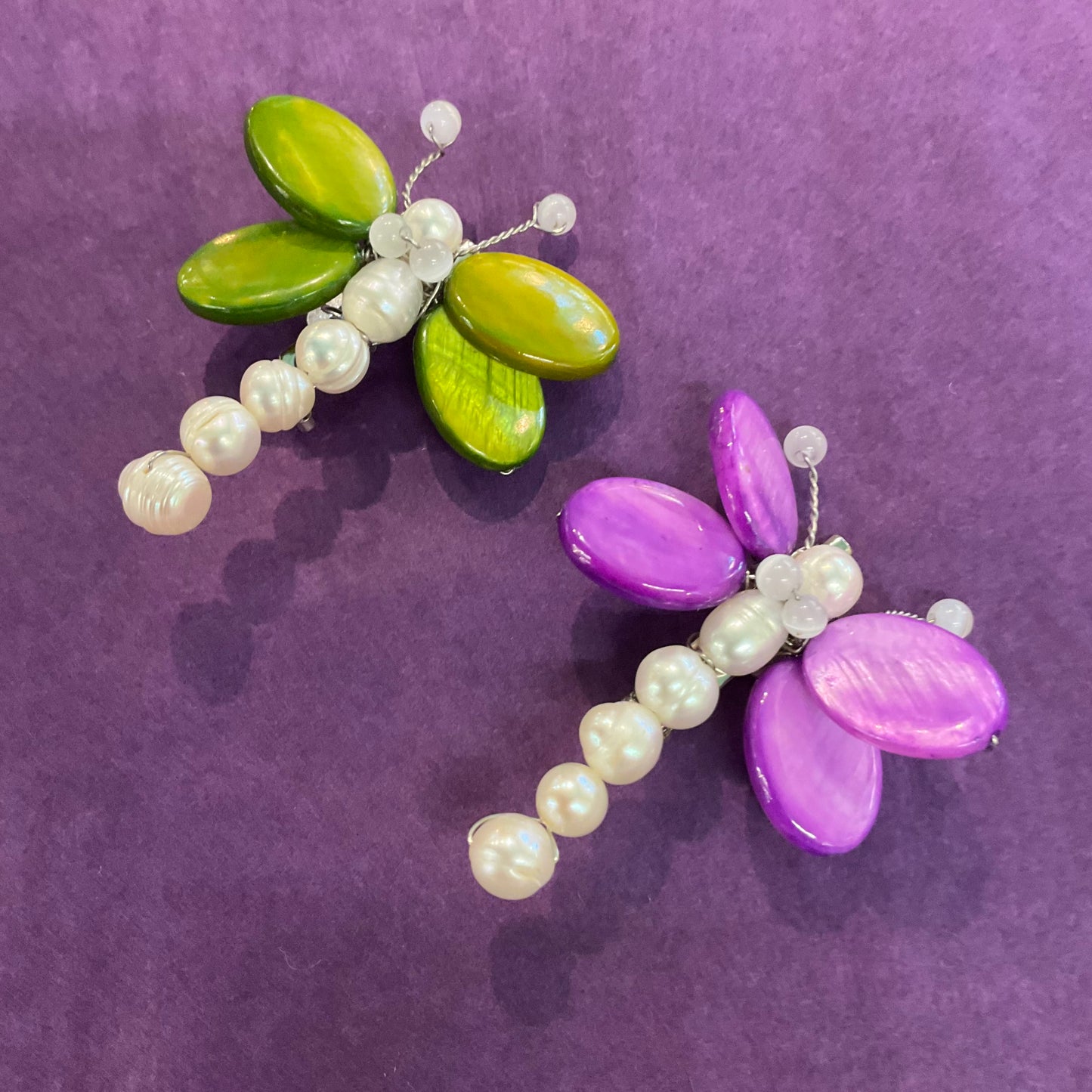 Vintage Butler and Wilson fresh water Pearl and purple polished gemstone butterfly pin/brooch. Signed, as new, gift for her, festival, wedding.