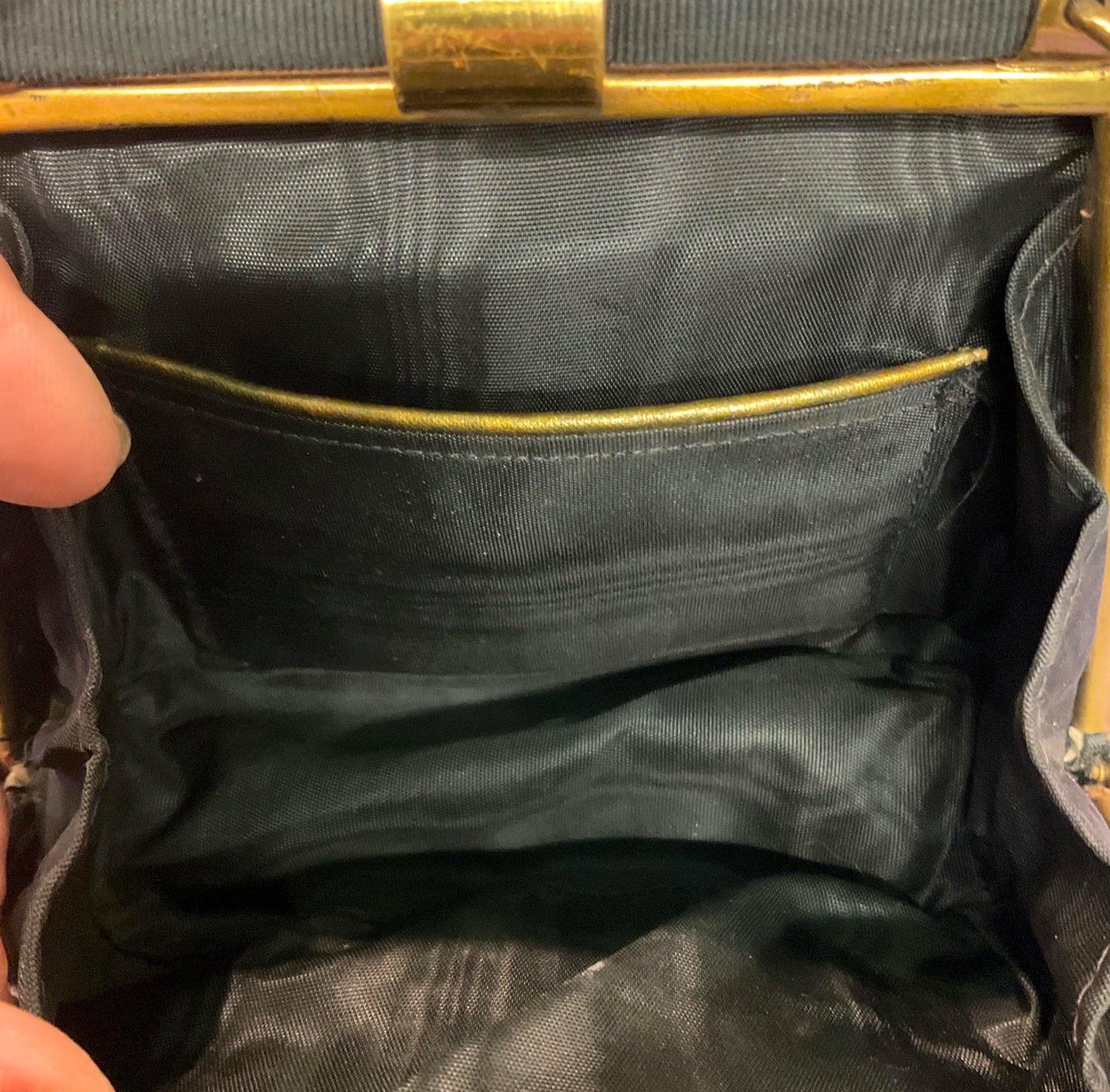 Vintage 1930/40s small black gross grain evening bag, Gold tone metal trims