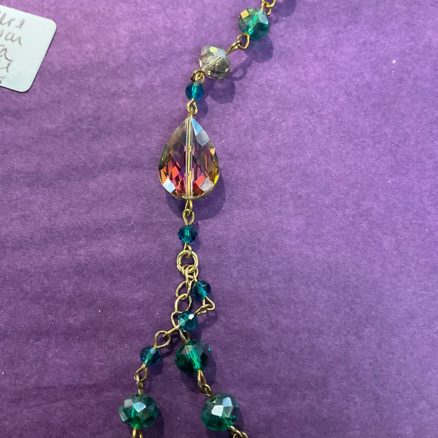 Vintage Butler and Wilson Green Rainbow Rhinestone Crystal Opera Length Asymmetrical Statement Beaded Necklace , signed in original box