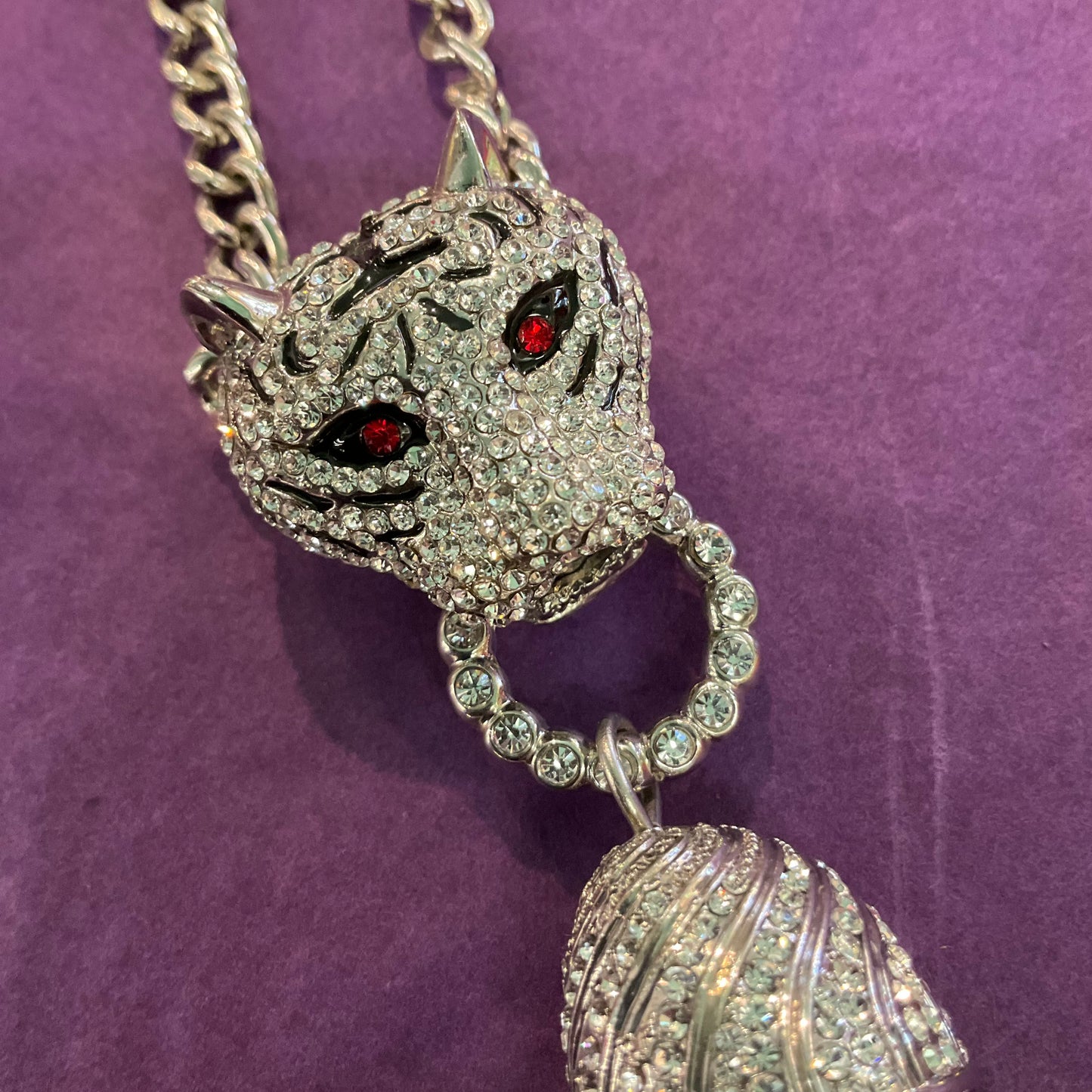 Vintage Butler and Wilson statement silver rhinestone crystal Tiger with tassel necklace, signed, original box, gifts for them, birthday