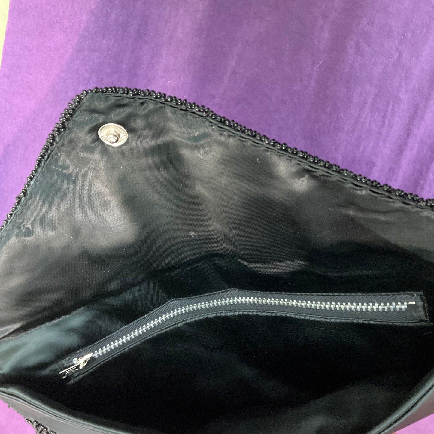 Vintage 1950s Black Satin Beaded Clutch Bag