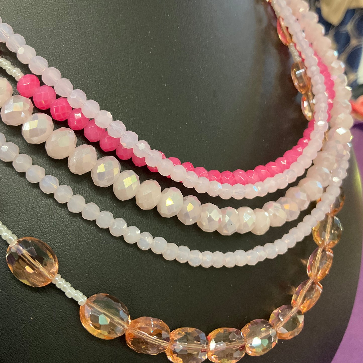 Vintage Butler and Wilson multi-strand pink crystal and ivory seed bead necklace, original box, signed, summer wedding, holiday, festival