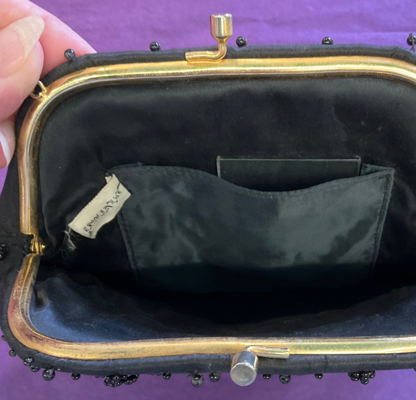 Vintage 1950/60s Empire made black satin evening bag, beaded floral.