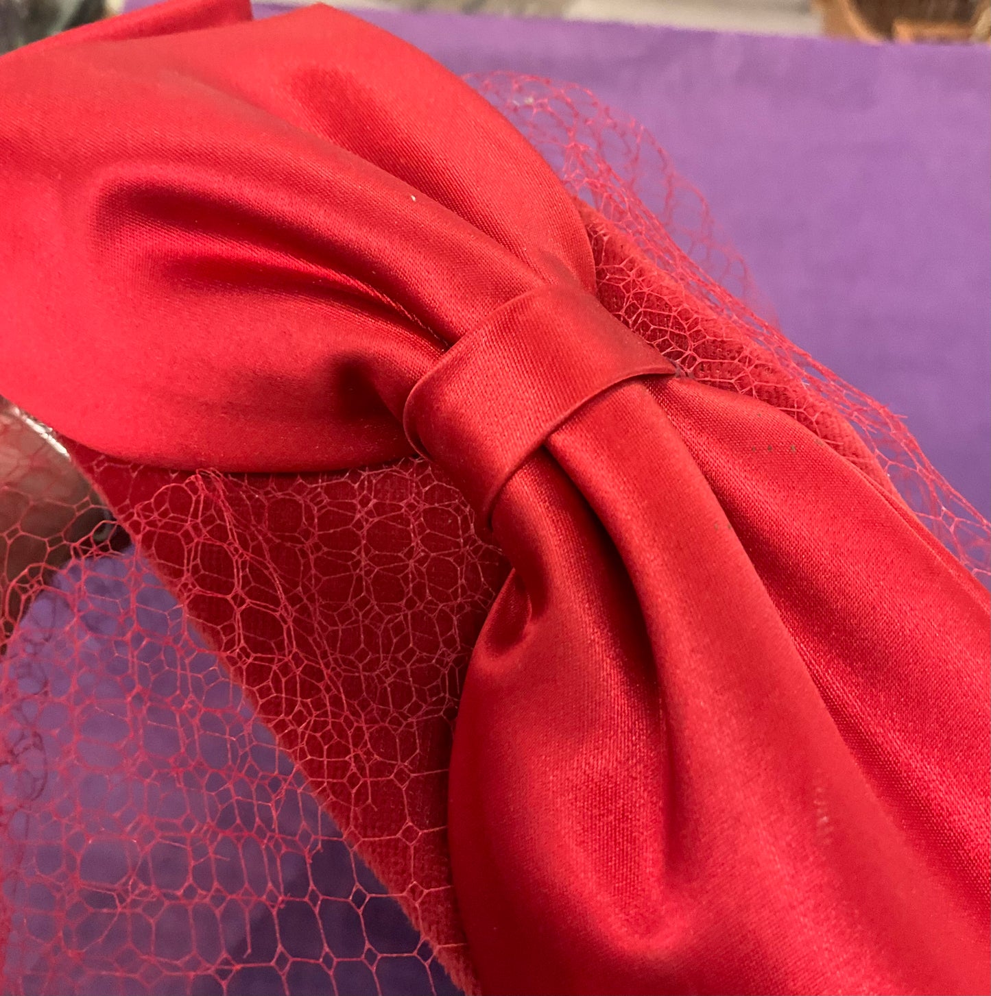 Vintage 1980s Red Velvet pill box Hat with net veil and satin bow. Wedding