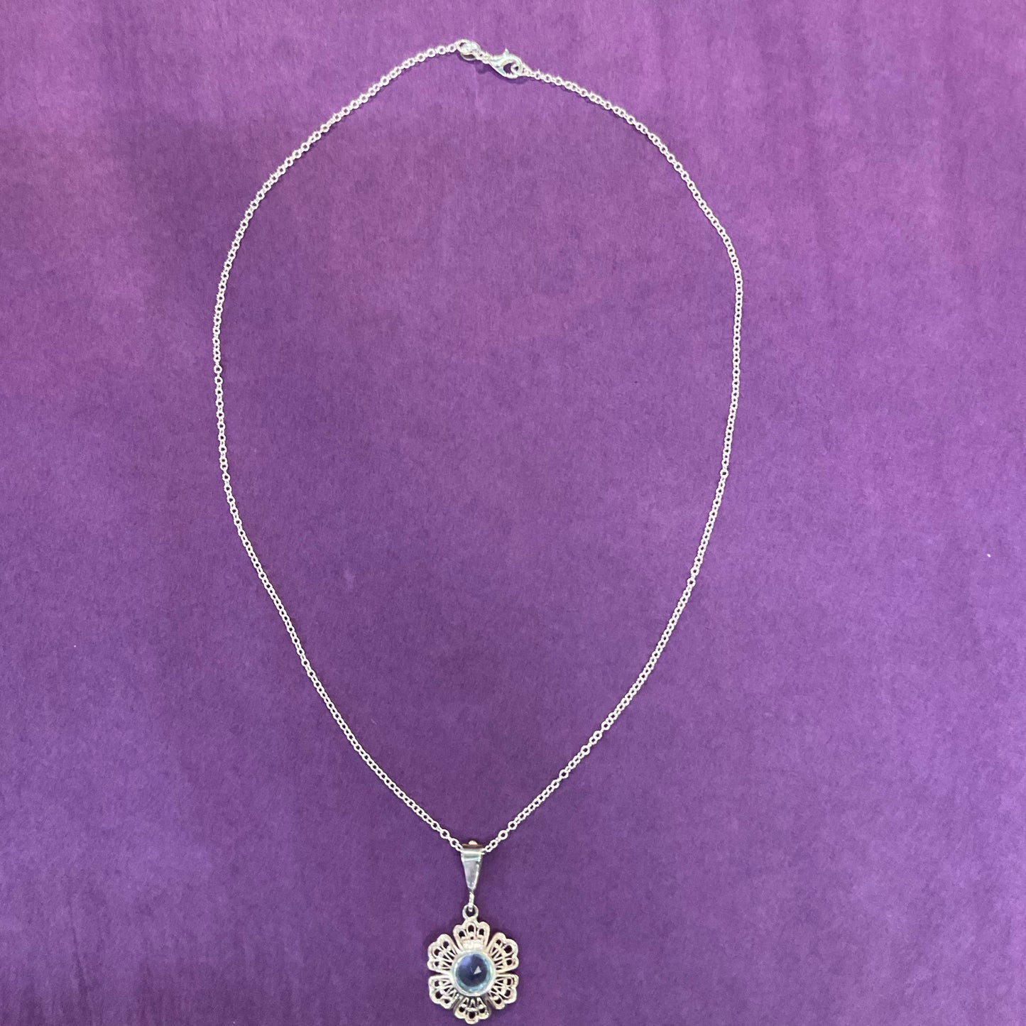 Vintage Sterling Silver Filigree and Blue Topaz Flower Pendant