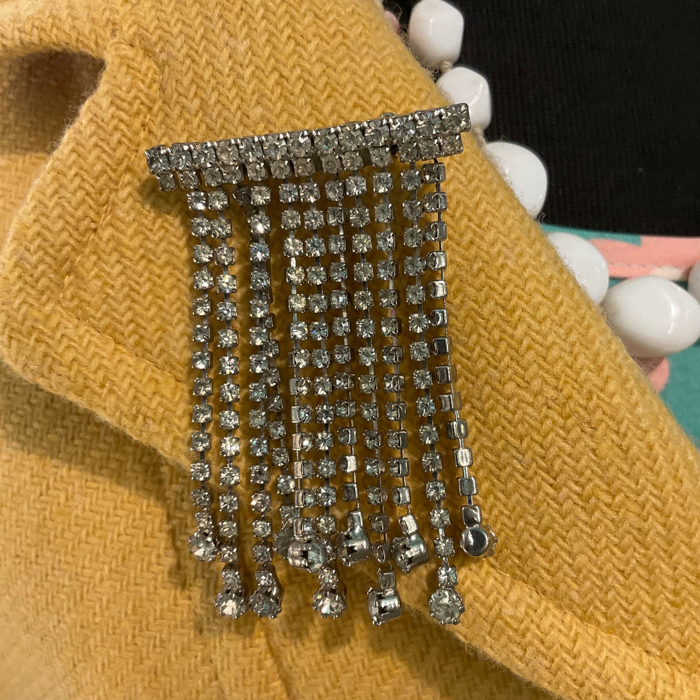 Vintage Art deco style silver tone rhinestone crystal large waterfall fringed brooch, birthday, anniversary.