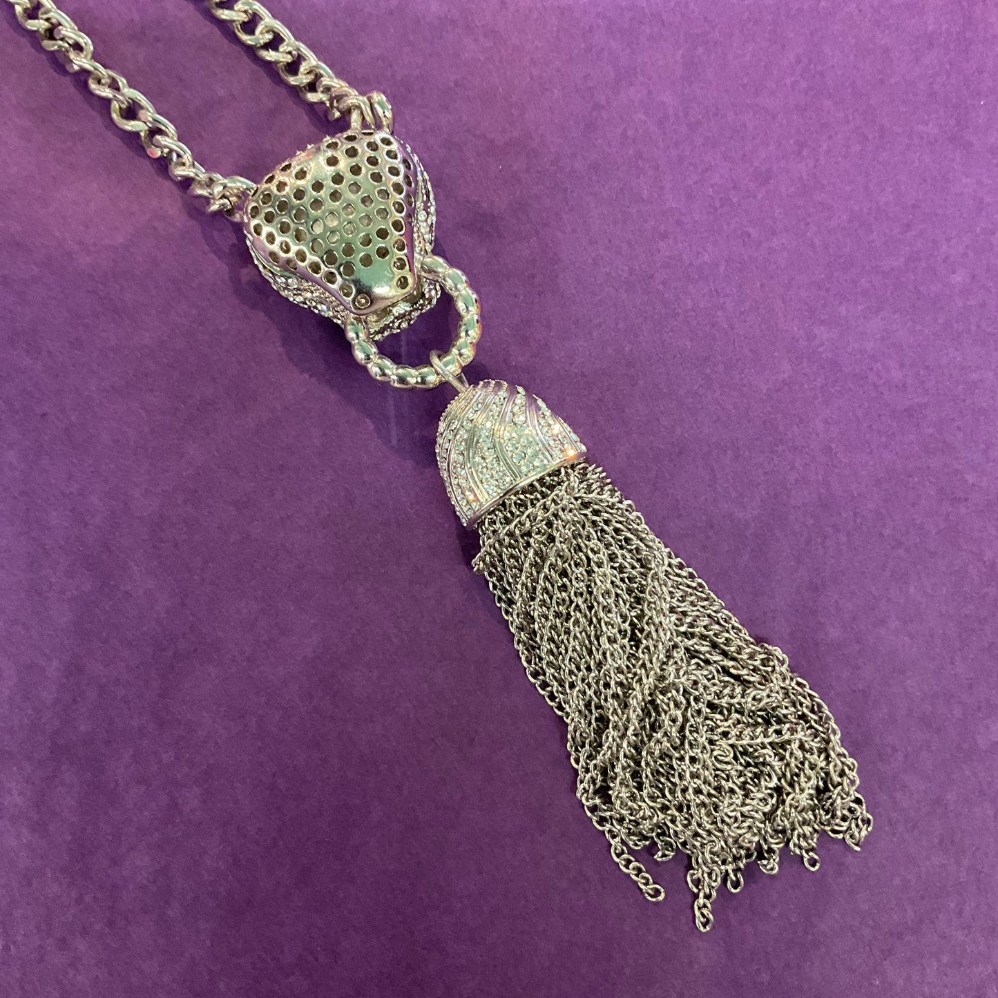 Vintage Butler and Wilson statement silver rhinestone crystal Tiger with tassel necklace, signed, original box, gifts for them, birthday