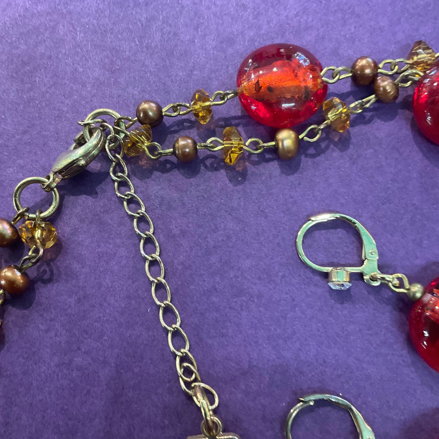 Vintage Butler and Wilson Red rolled glass and fresh water pearl necklace and earrings se, signed in original box, gifts for her/them