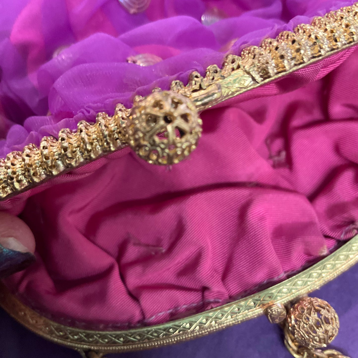 Vintage 1960/70s pink chiffon sequinned evening bag, formal event, birthday