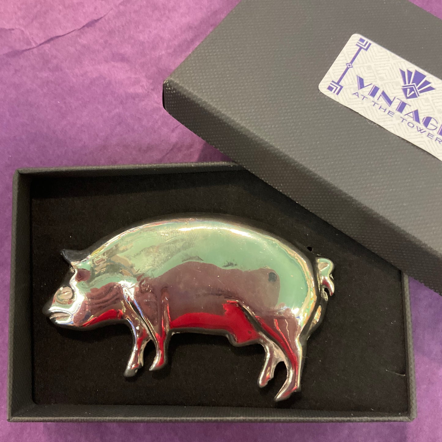 Vintage Butler and Wilson large silver tone/ pewter pig brooch