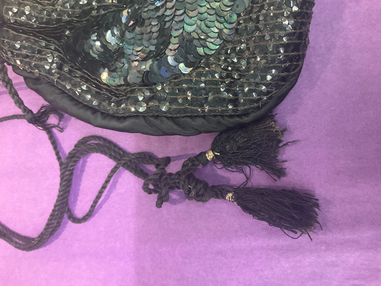 Vintage 1970s Black Silk Butterfly Beaded Drawstring Bag