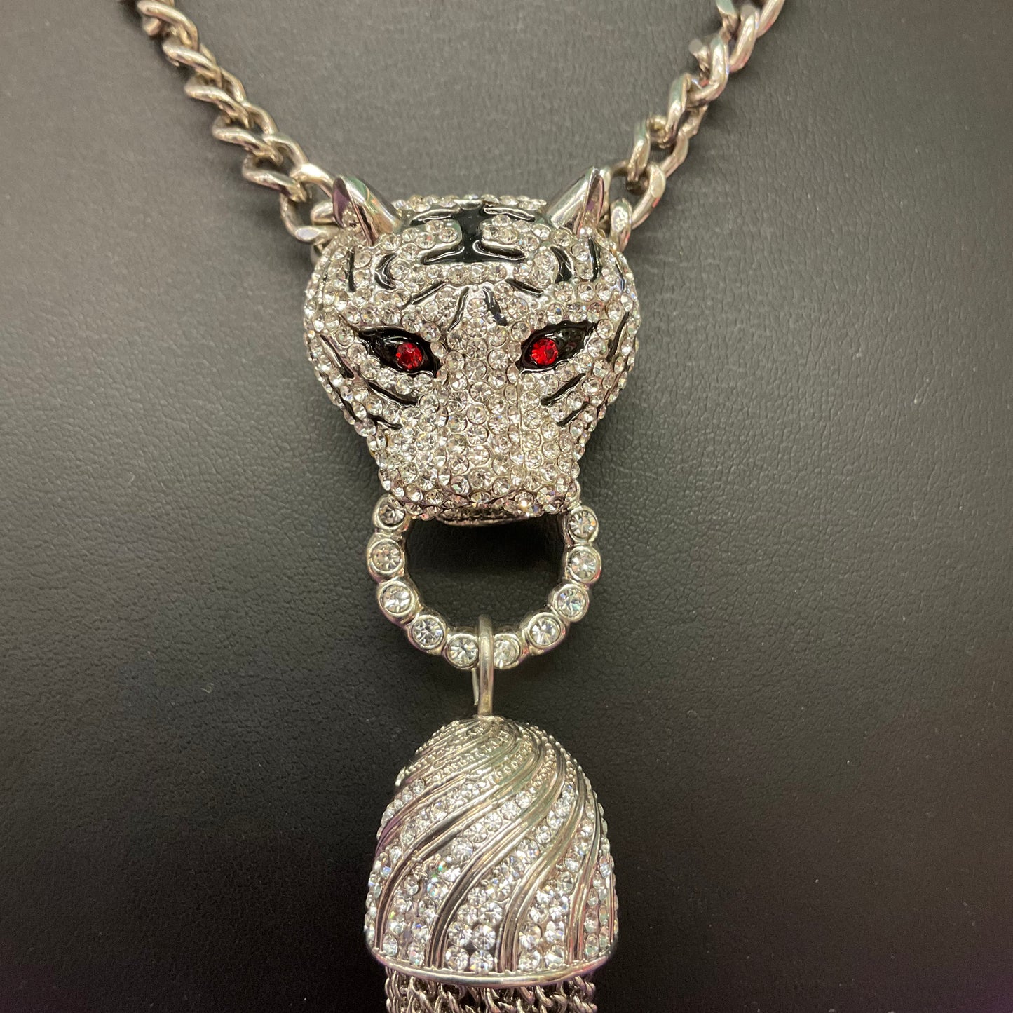 Vintage Butler and Wilson statement silver rhinestone crystal Tiger with tassel necklace, signed, original box, gifts for them, birthday