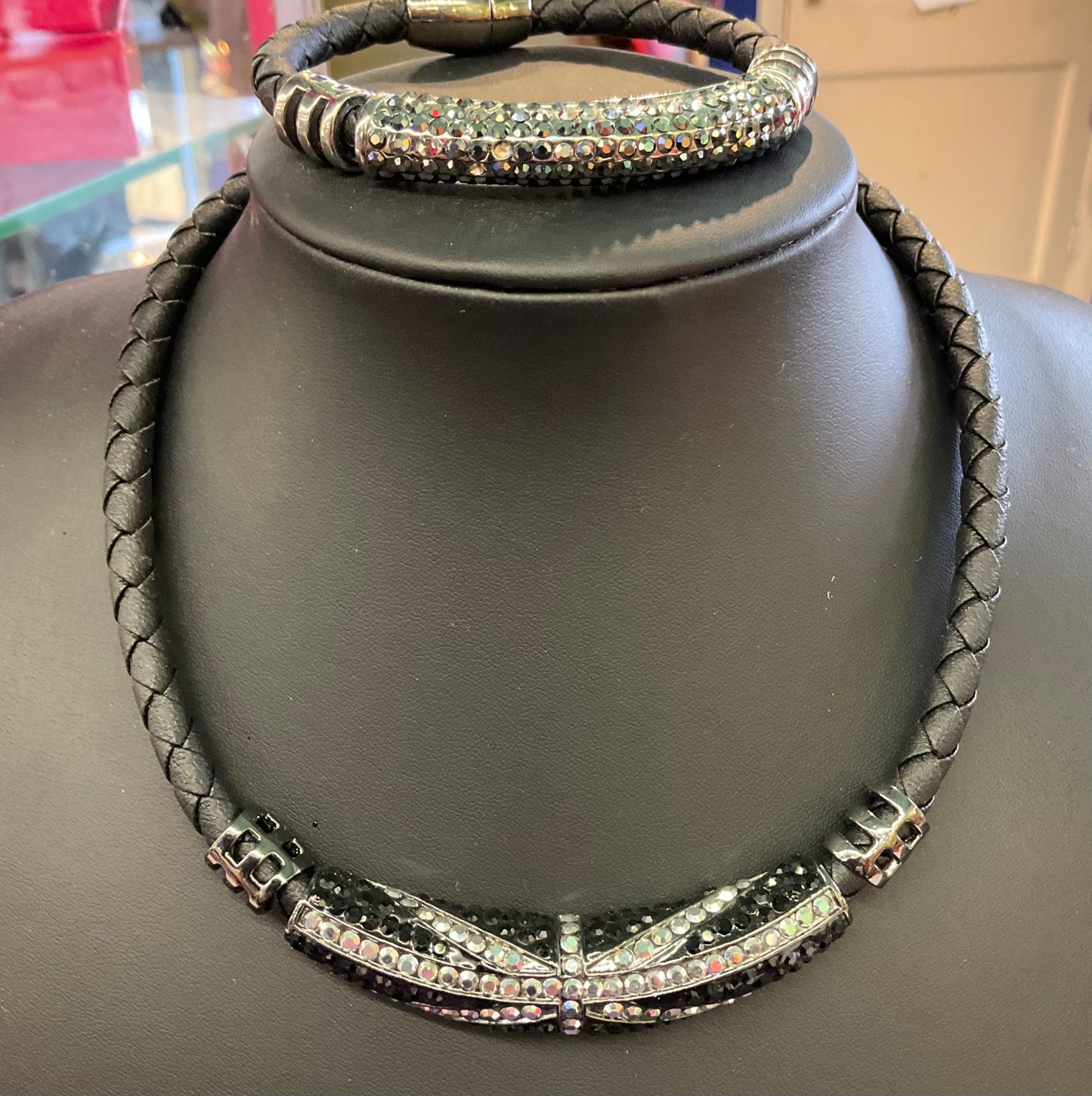 Vintage Butler and Wilson Union Jack rhinestone and leather corded Necklace and Bracelet set