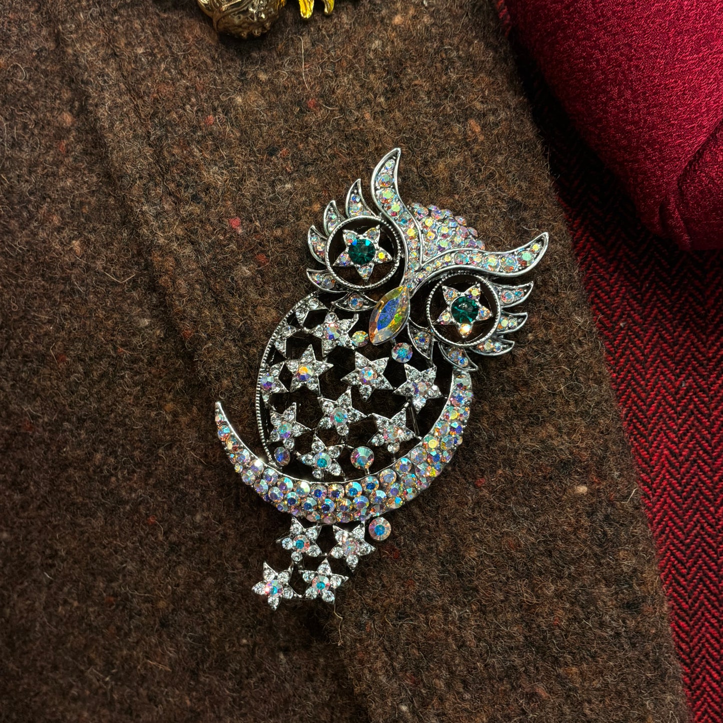 Vintage Butler and Wilson Silver and Rainbow Crystal Owl in the Moon Brooch