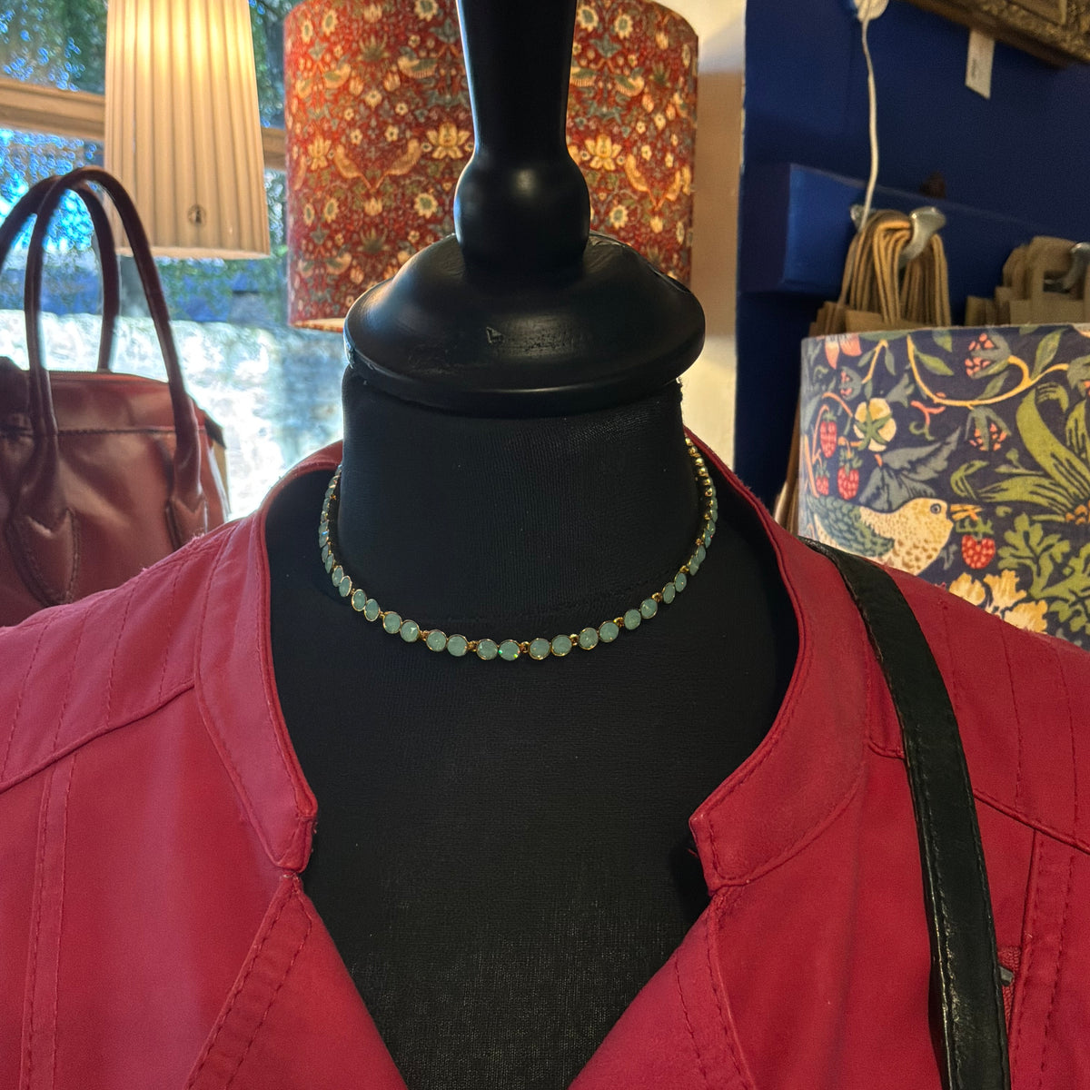 Vintage Butler & Wilson Turquoise Green Crystal Bezel Choker Necklace in Gold Tone