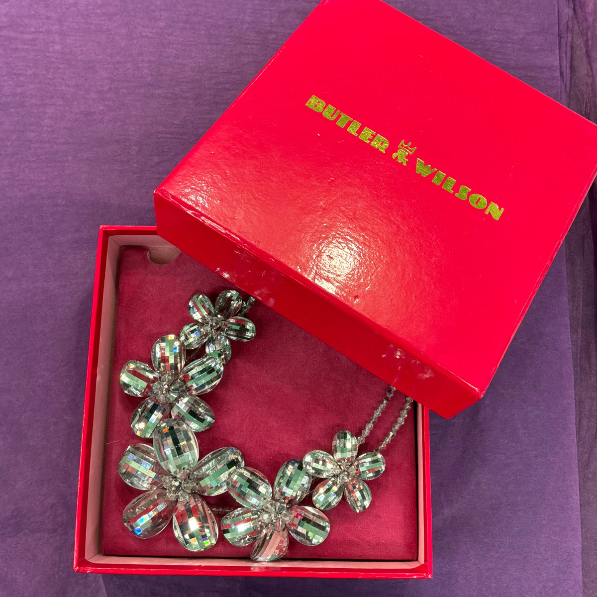 Vintage Butler & Wilson Silver Checkerboard Crystal Floral Statement Necklace
