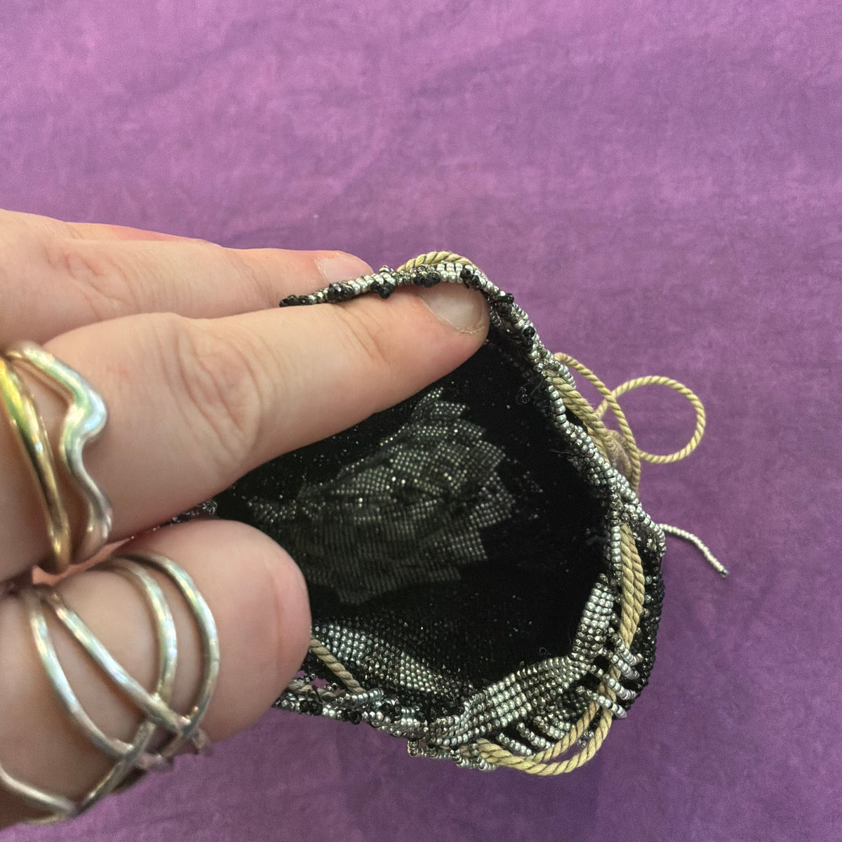 Antique 1920s 1930s Art Deco Black Silver Beaded Drawstring Purse Tassel Evening Bag