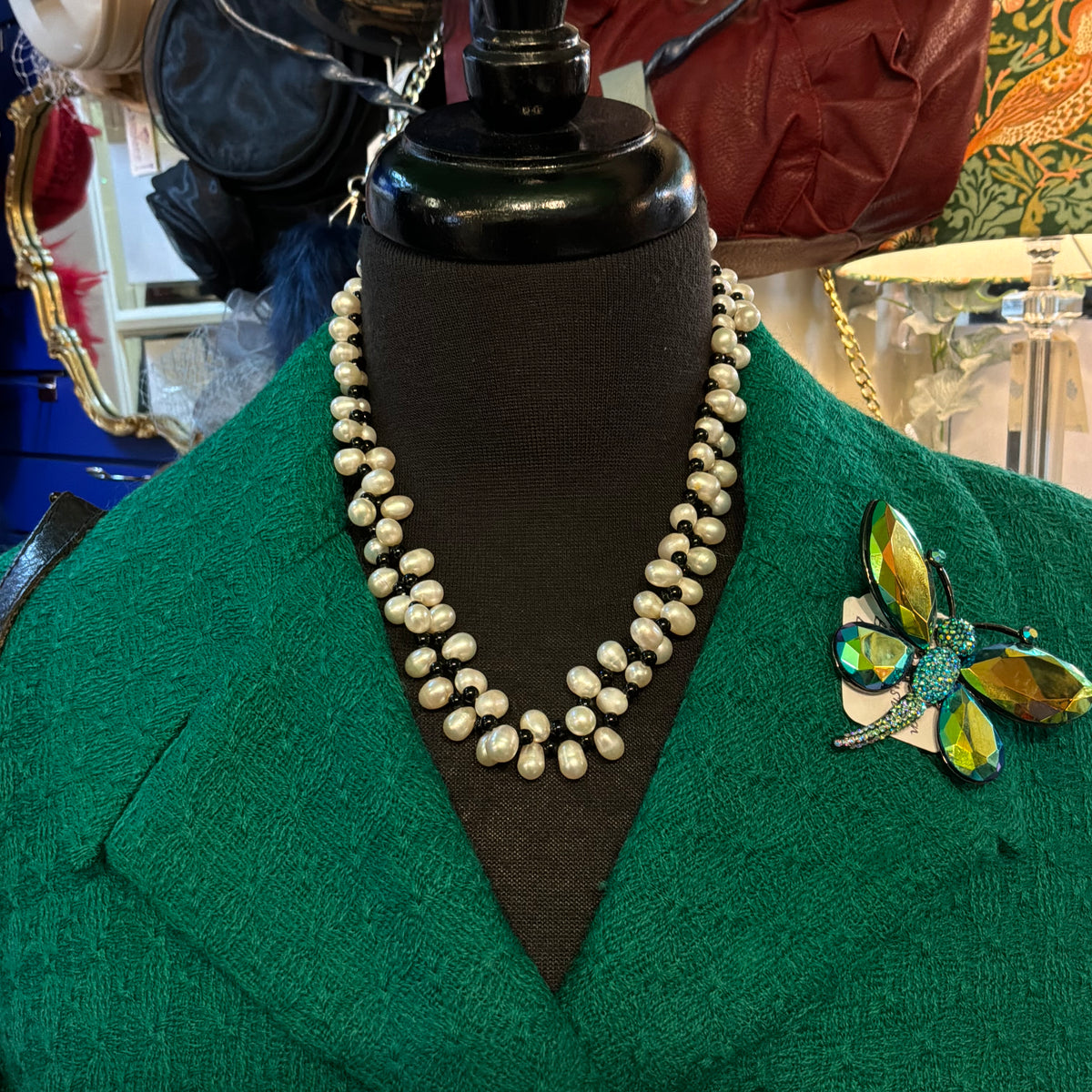 Vintage Cultured Pearl and Black Glass Bead Double Strand Necklace