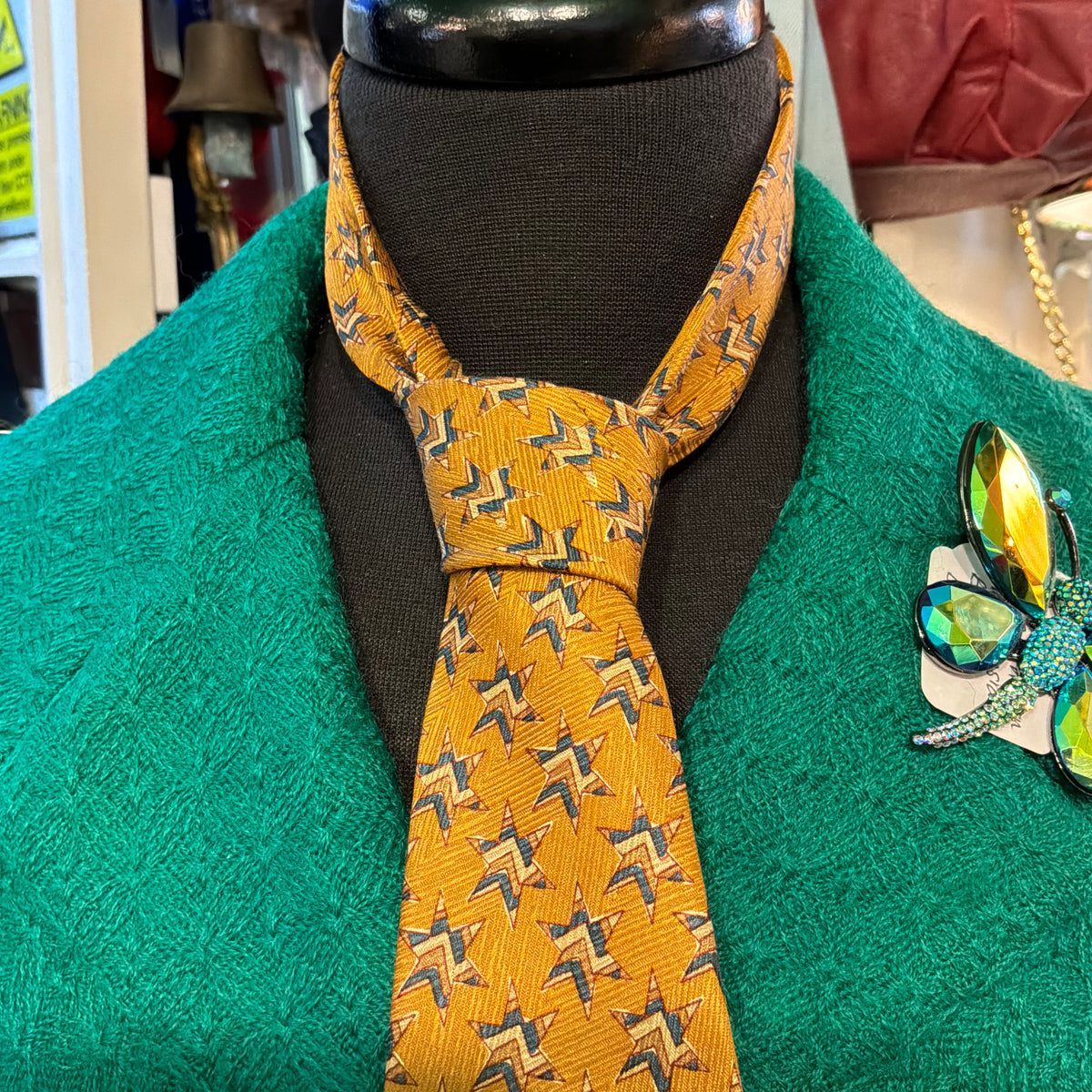 Vintage Liberty of London Pure Silk Tie in Gold and Blue Star Print, Unused and Boxed