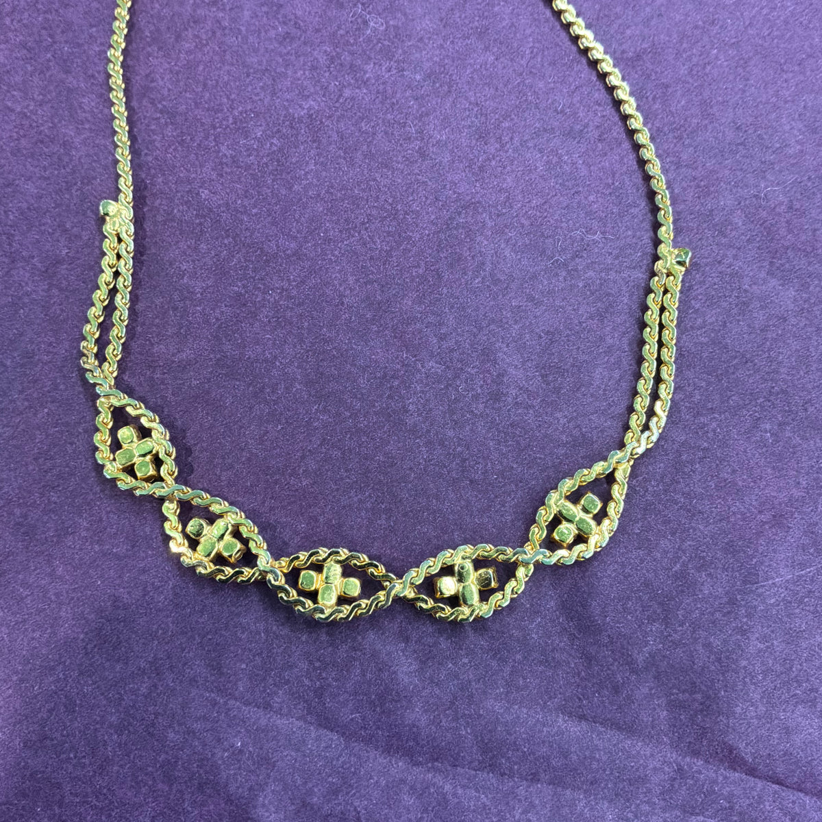 Vintage 1980s Gold Tone Purple Crystal Statement Collar Necklace Articulated Bib