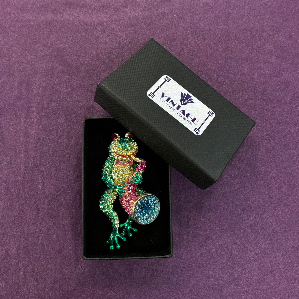Vintage Butler & Wilson Frog and Saxophone Brooch, Gold Tone and Crystal Novelty Pin