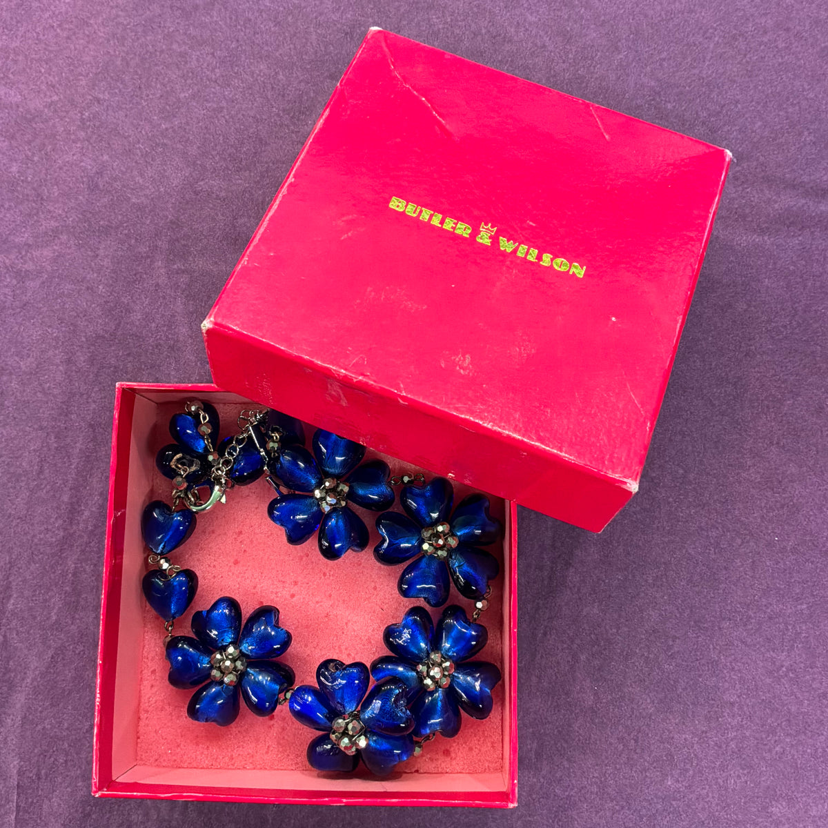 Vintage Butler and Wilson Blue Floral Glass Crystal Beaded Necklace