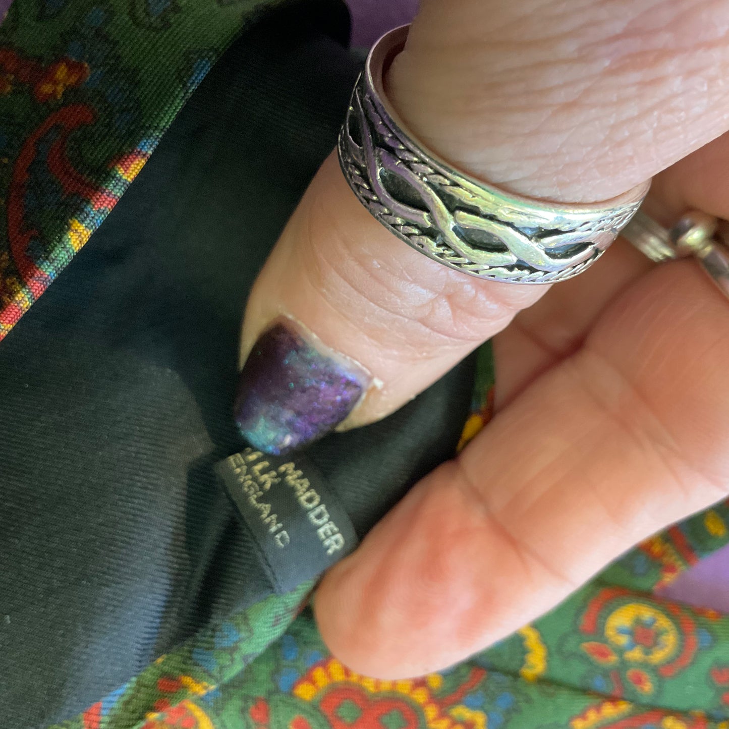 Vintage 1940/60s hand made in England Liberty of London pure silk Green and red paisley tie.