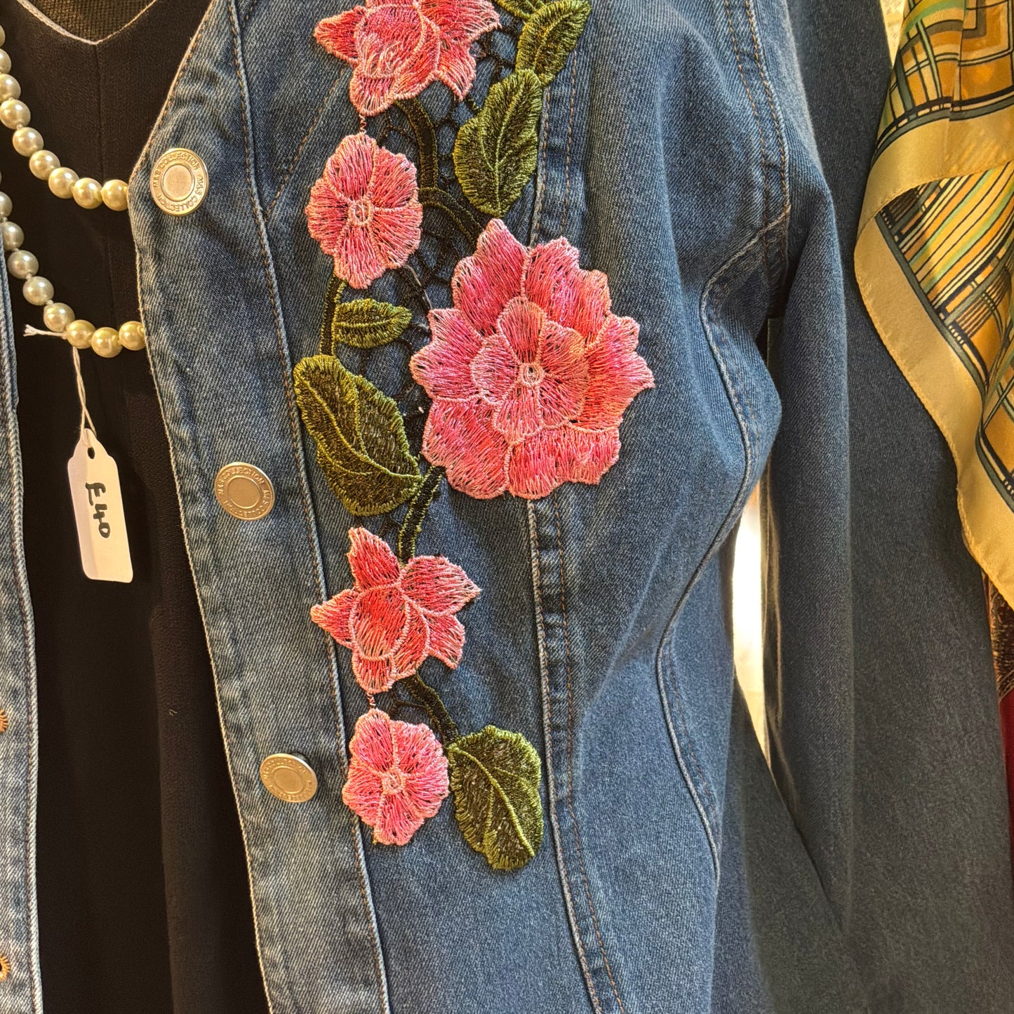 Unique Upcycled Vintage Collarless Denim Jacket with Indian Guipire Lace, Size 10/12