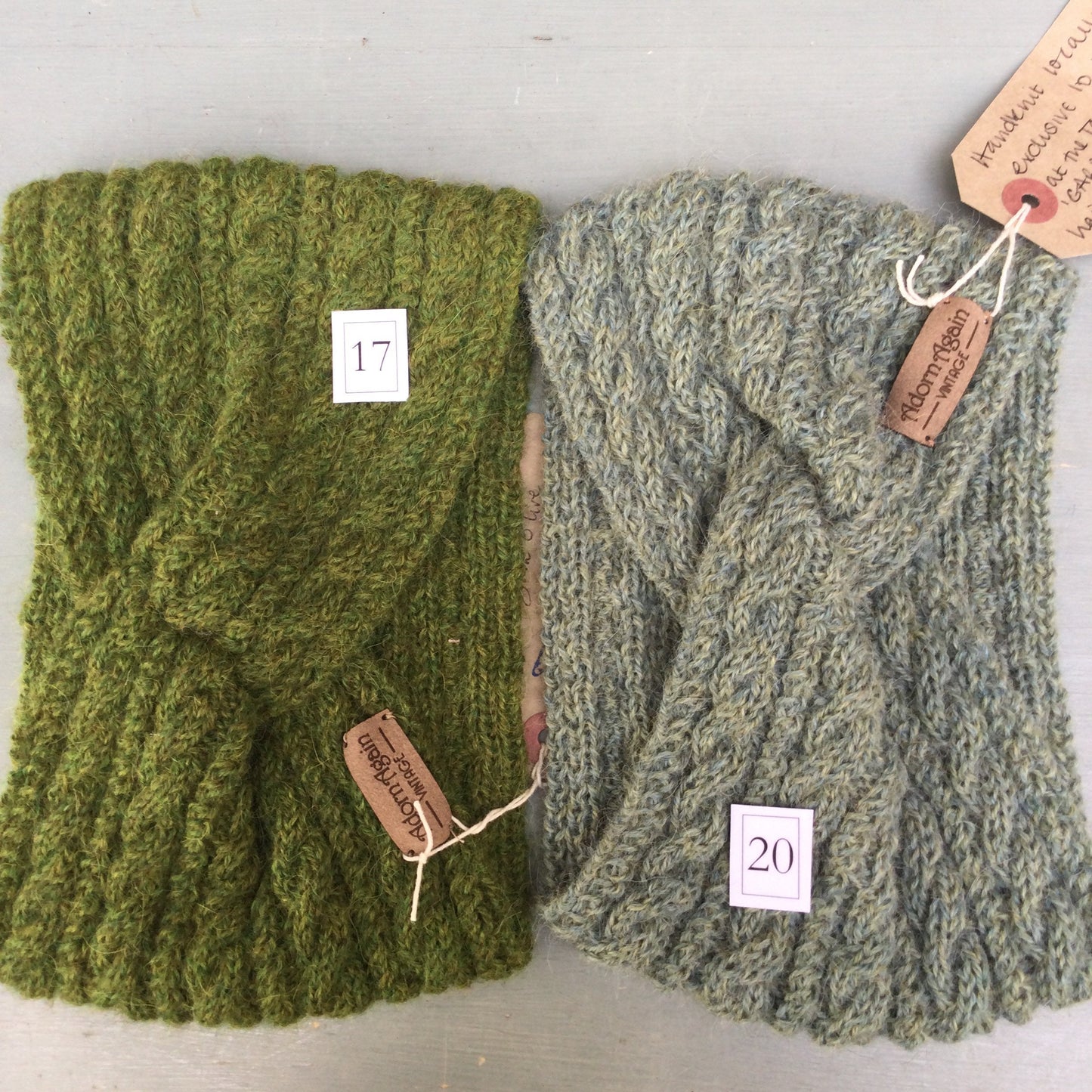 Hand Knit Alpaca Vintage Turban Style ‘Garbo’ cabled hairband, green shades