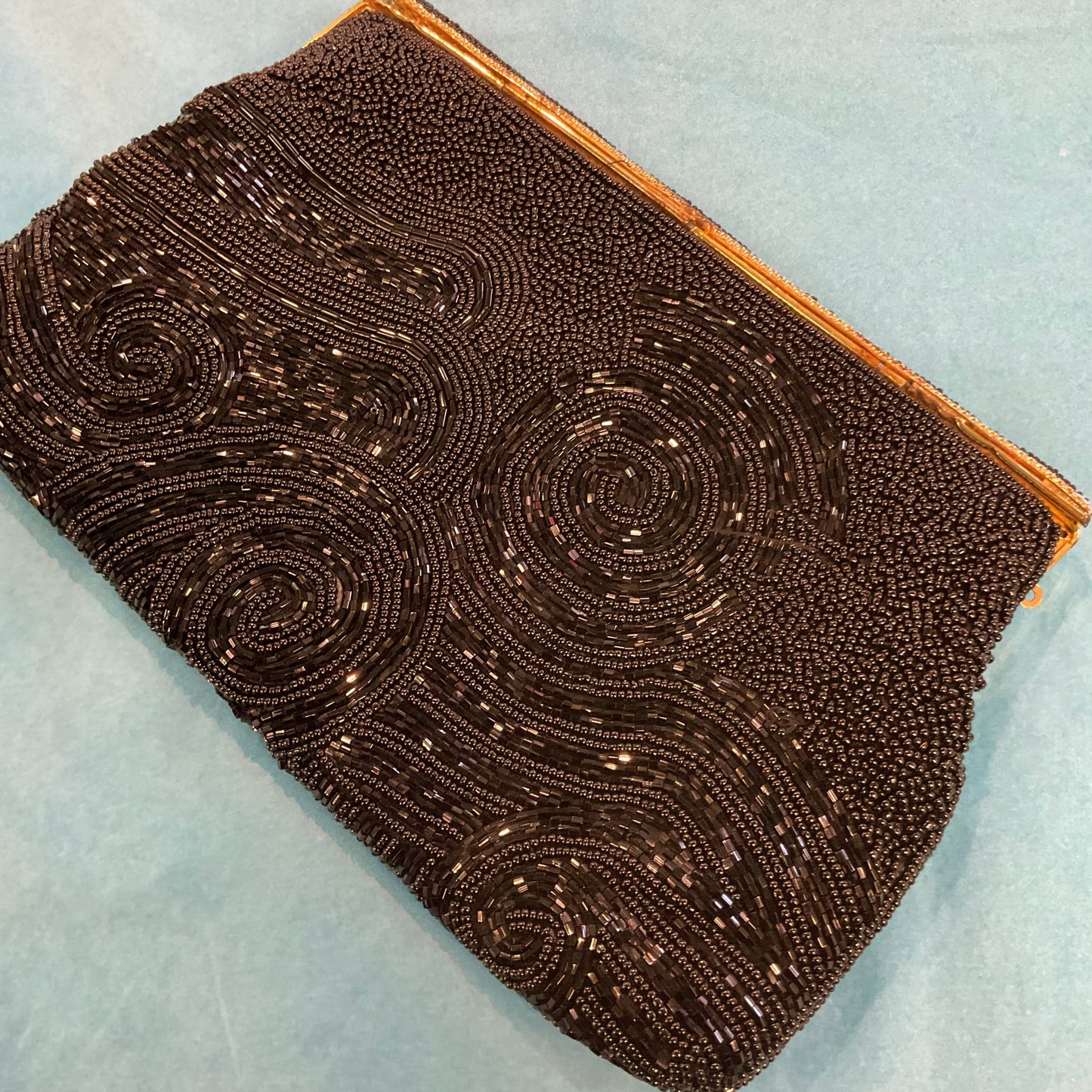 Vintage 1950s Large Black Beaded Clutch Bag