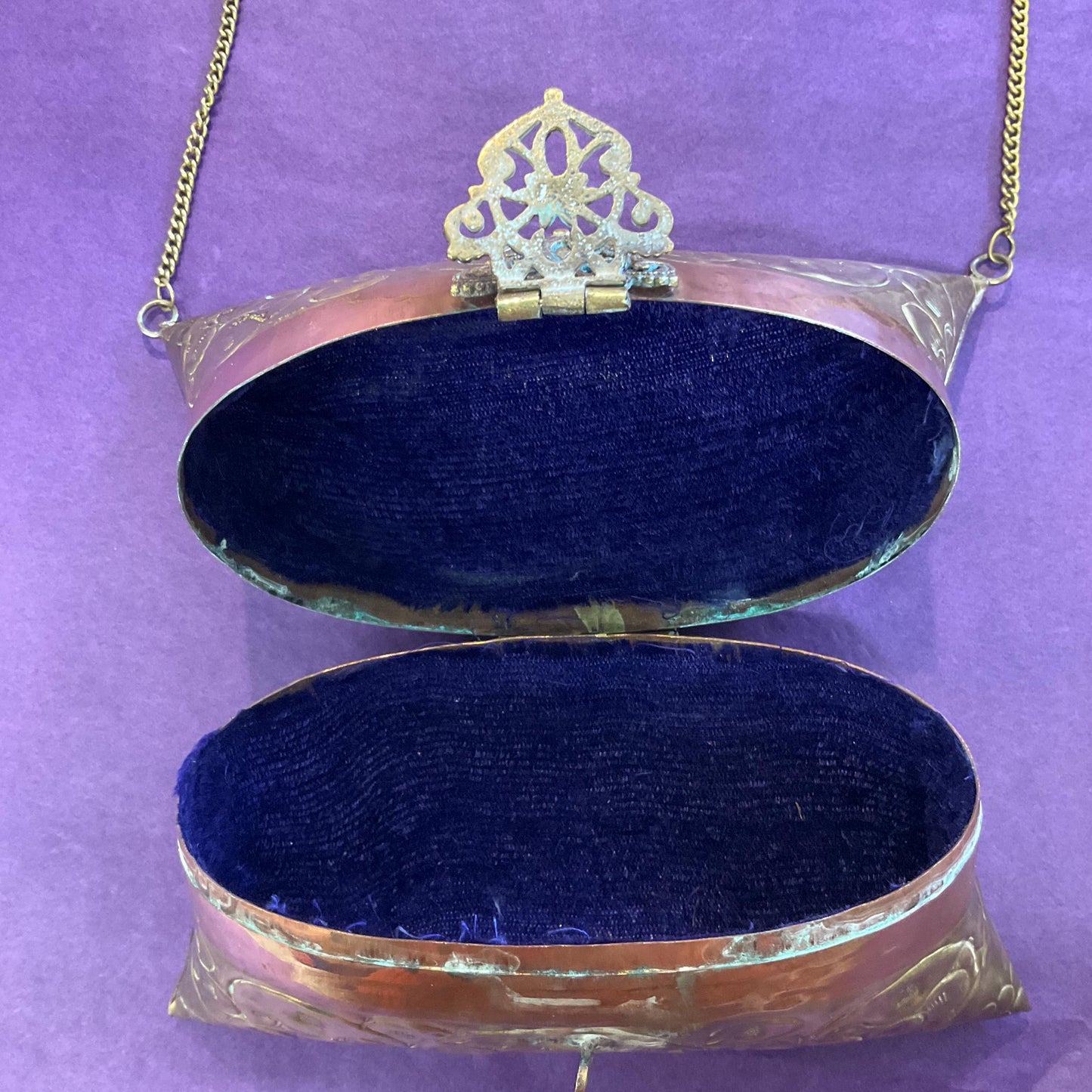 Vintage 1970s/80s Brass and Copper Metal Pillow Evening Bag, Engraved design, velvet lining, gifts for her