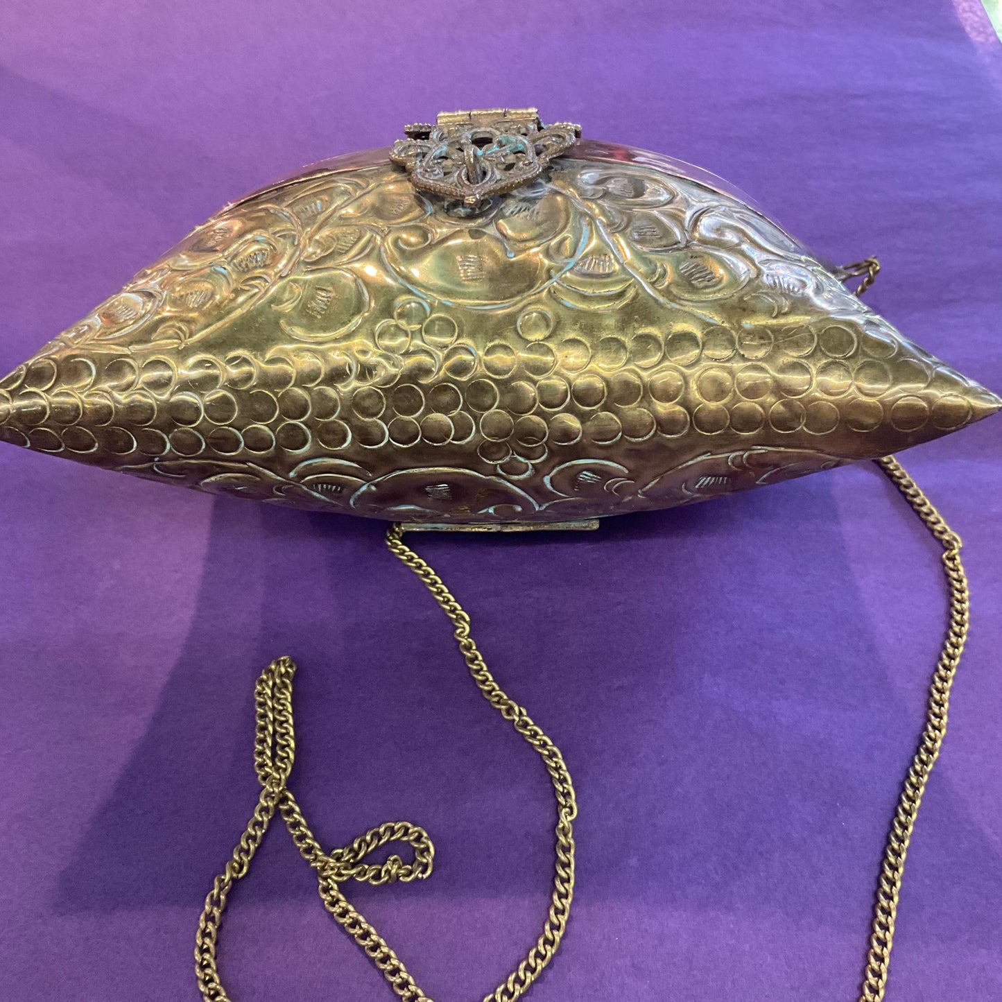 Vintage 1970s/80s Brass and Copper Metal Pillow Evening Bag, Engraved design, velvet lining, gifts for her