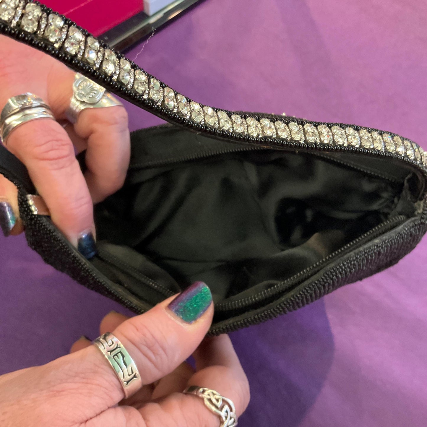 Vintage Black Beaded Wave Shaped Evening Bag with silver rhinestone crystal trim, Formal Event , Gifts for her